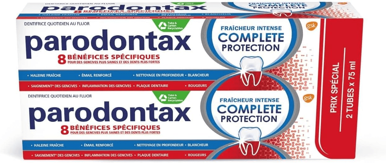Parodontax ▫️ Dentifrício Proteção Completa Fraîcheur Intense, 8 Bénéfices, Contra o Sinal Ocasional dos Genitais, Formato Bitube (2 x 75 ml)