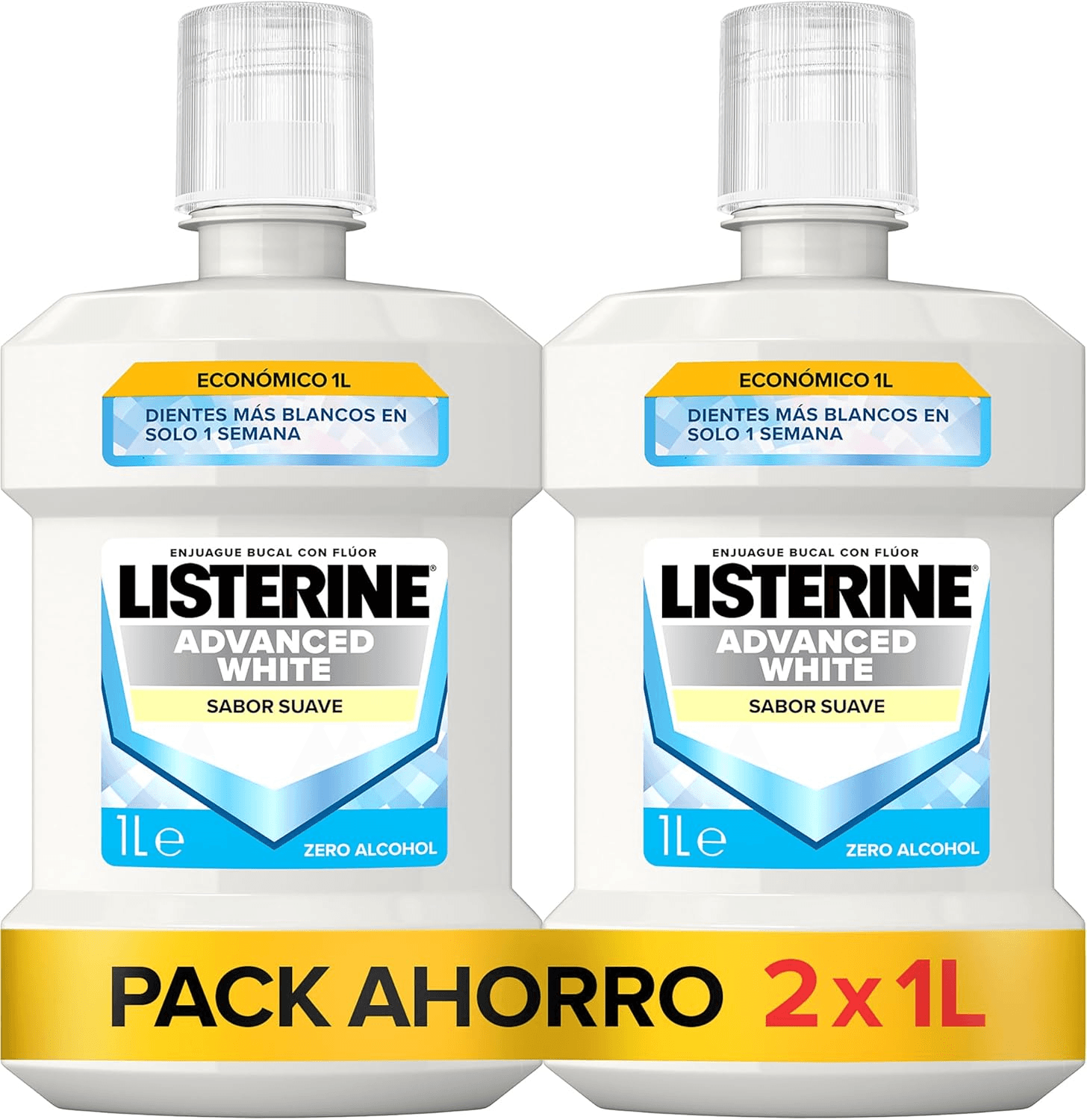 Listerine ▫️ Advanced White Sabor Suave (2 x 1 L), elixir bucal com 0% de álcool, elixir bucal sem álcool, elixir bucal branqueador de dentes para uma limpeza óptima