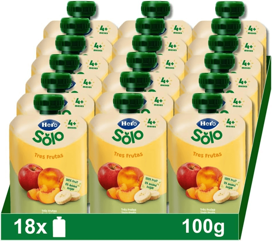 Hero Baby ▫️ Saqueta de 3 Frutas com Pêssego, Maçã e Banana, Sem Conservantes, Sem Corantes, Sem Óleo de Palma, Sem Glúten, Sem Açúcares Adicionados, Para Bebés a partir dos 4 Meses - Embalagem de 18 x 100 g