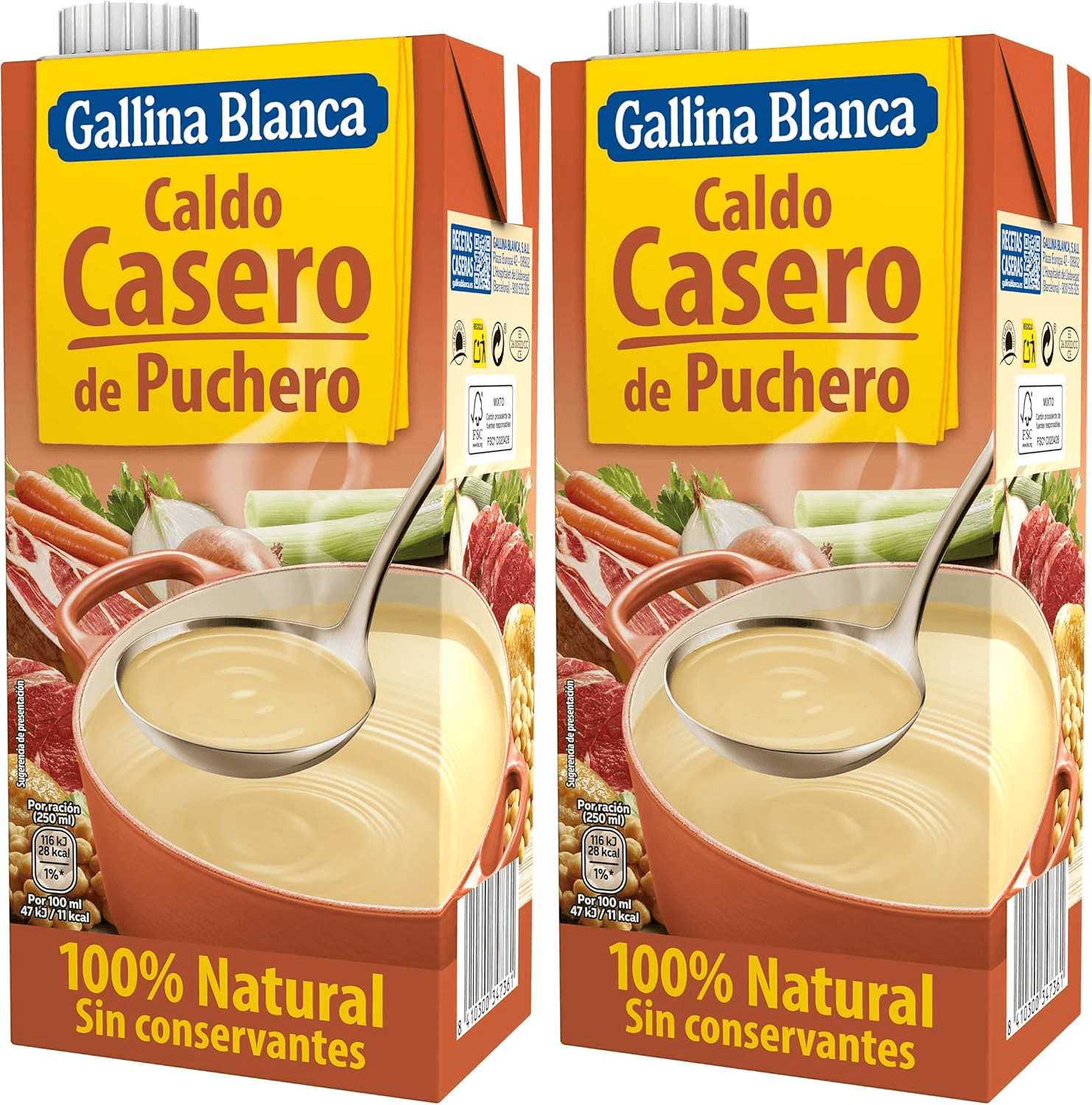 Gallina Blanca ▫️ Caldo Casero de Puchero 100% Natural : Elaborado com legumes da horta, presunto e grão-de-bico. Cozinhado em lume brando. Sem glúten, sem conservantes, com baixo teor de gordura - 1L