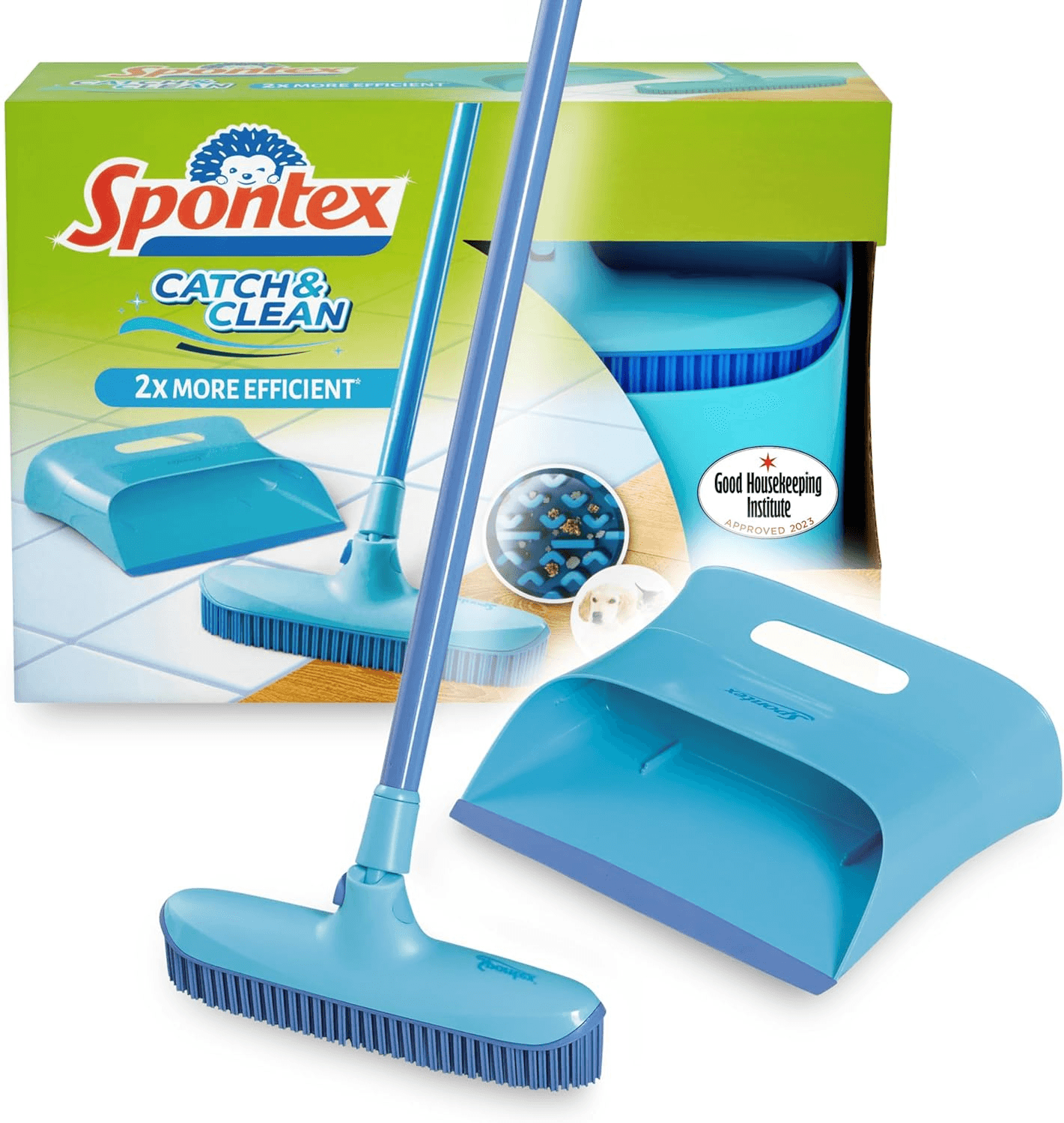Spontex ▫️ Catch & Clean Indoor Rubber Broom & Dustpan Set - Conjunto de escova e pá para remoção de pêlos de animais - Para varrer a sujidade e limpar várias superfícies