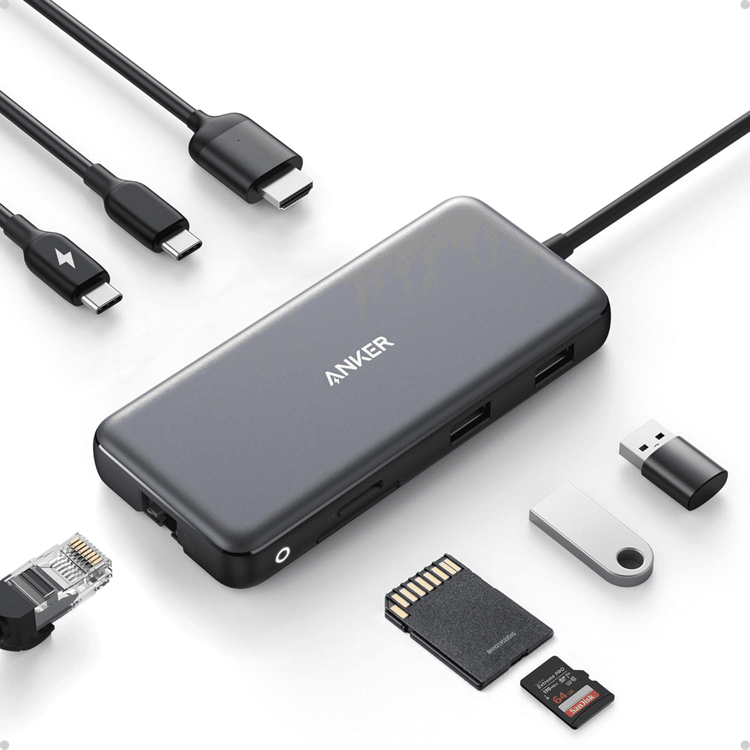 Anker ▫️ Adaptador 555 USB-C Hub (8 em 1) PowerExpand, 100W Power Delivery, 4K 60Hz HDMI, 10Gbps USB-C & 2 portas USB-A, porta Ethernet, leitor de cartões de memória microSD&SD, para MacBook Pro e muito mais