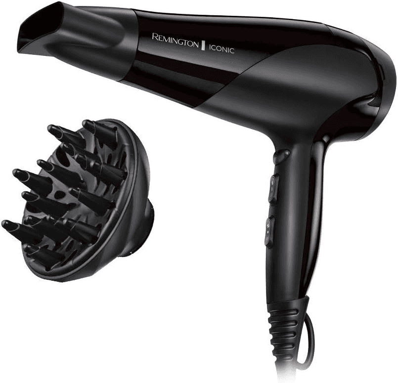Remington ▫️ Secador de cabelo Ionic Dry 2200, iónico, cabelo sem frisado, 2200 watts, concentrador e difusor, 3 temperaturas, 2 velocidades, grelha traseira amovível, gancho de suspensão, D3198