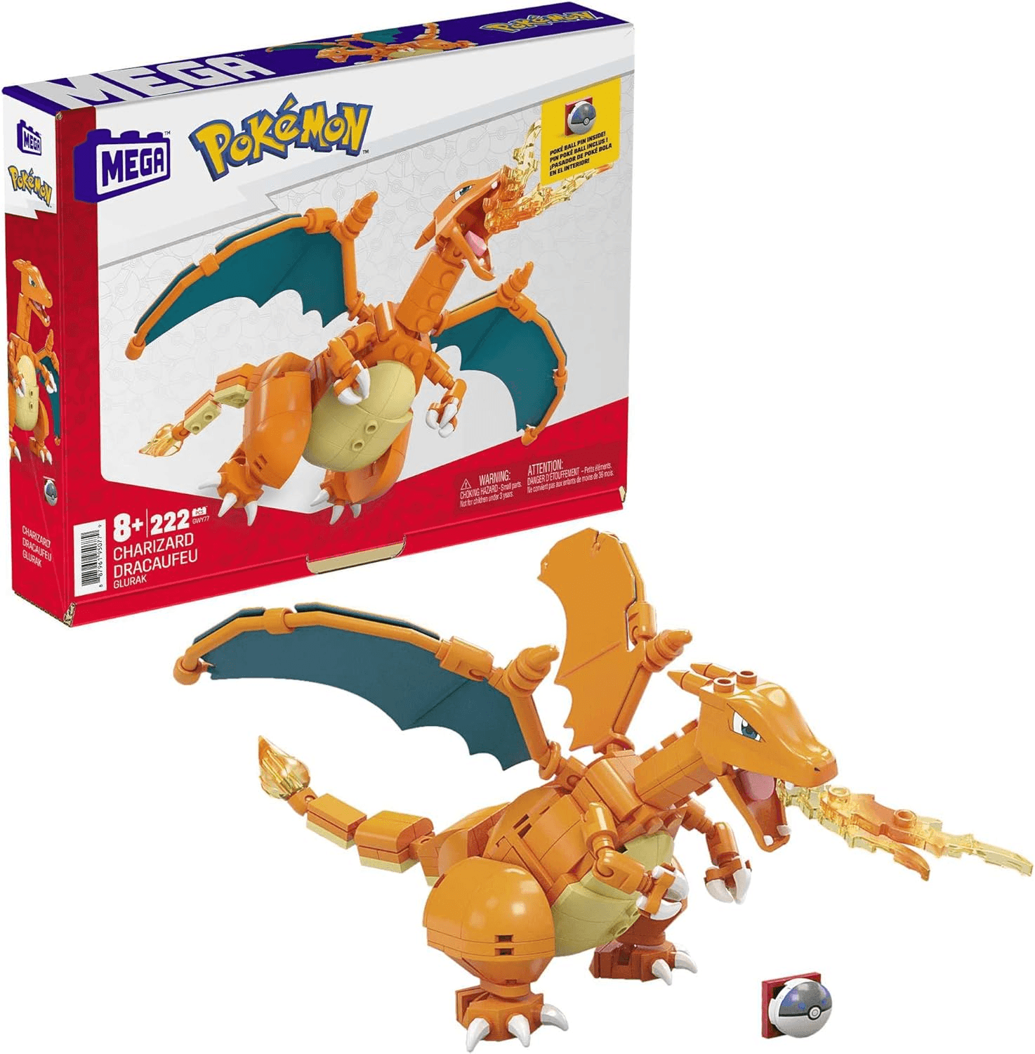 Mega Brands ▫️ Mega Construx Pokémon Charizard Figura 222 Blocos de Construção de Brinquedo para Crianças (Mattel GWY77)