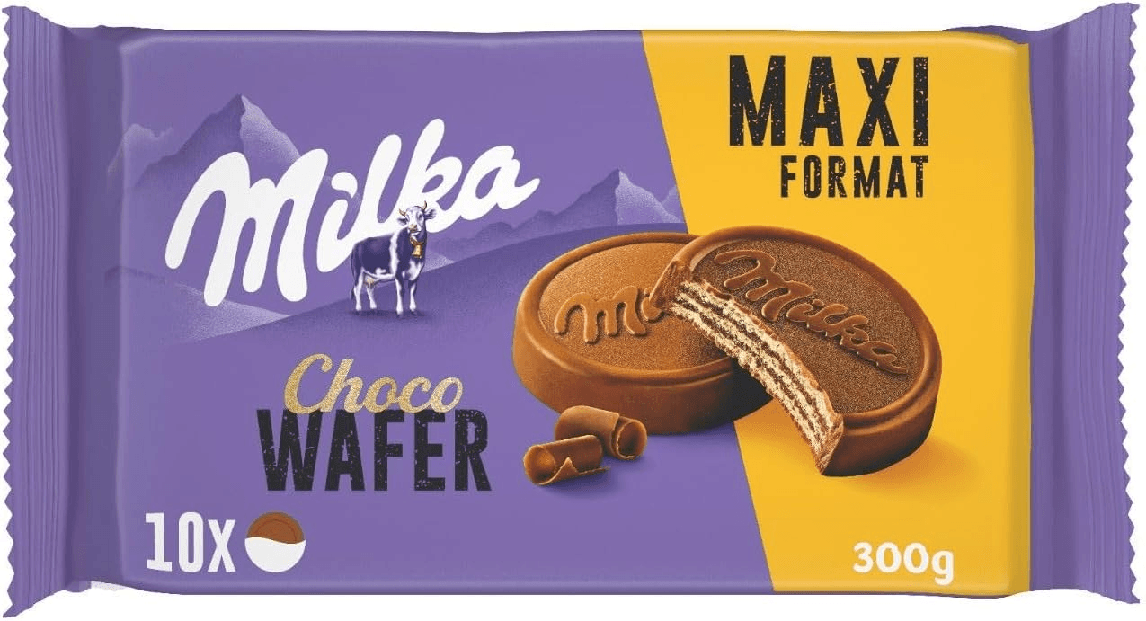 Milka ▫️ Choco Wafer Bolacha com Recheio de Cacau e Cobertura de Chocolate de Leite Alpino, Embalagem Família 300g