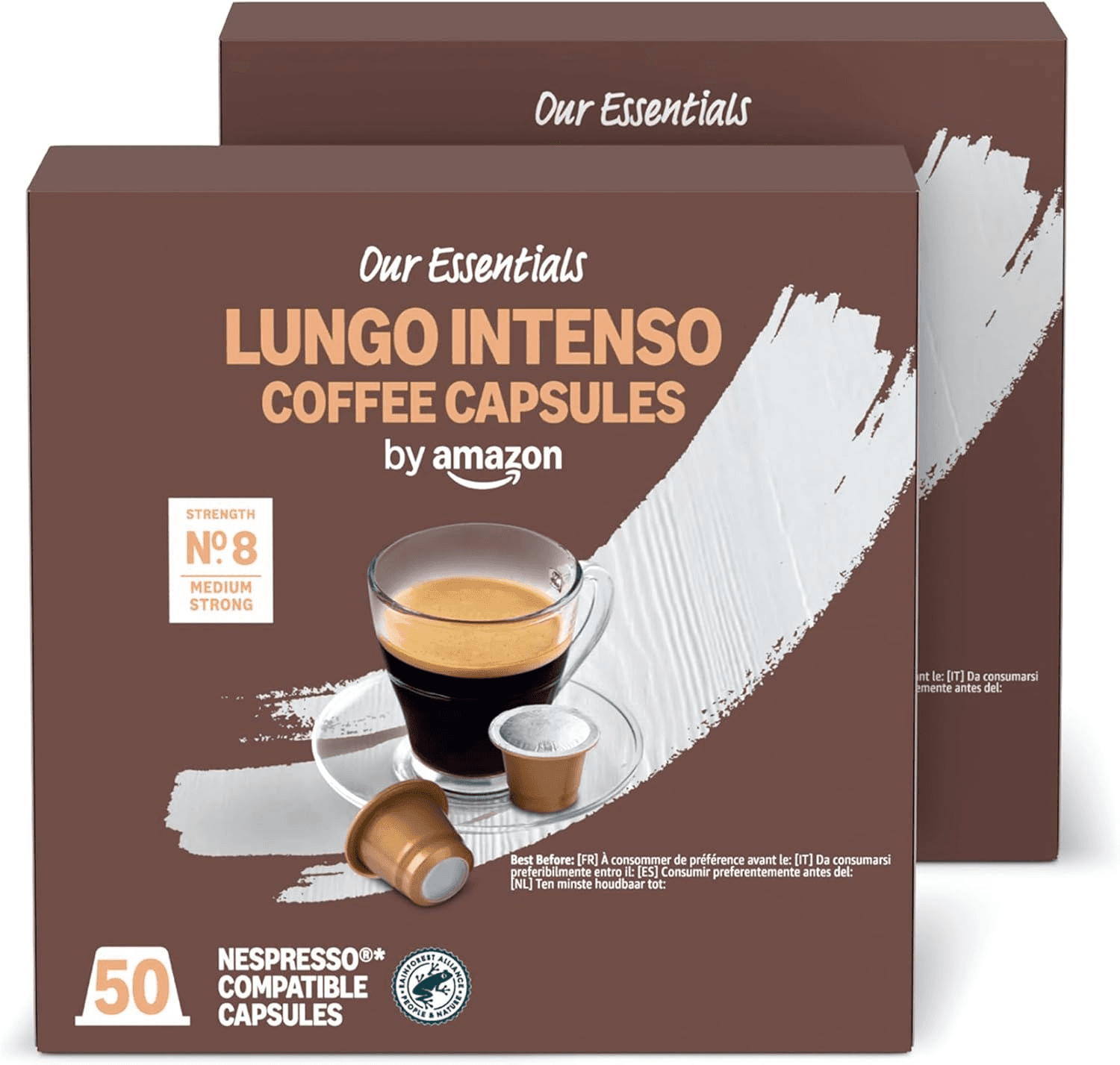 by Amazon ▫️ Cápsulas de café de plástico compatíveis com Nespresso Intense Lungo, torrefação média, 100 (2 embalagens de 50), Rainforest Alliance Certified