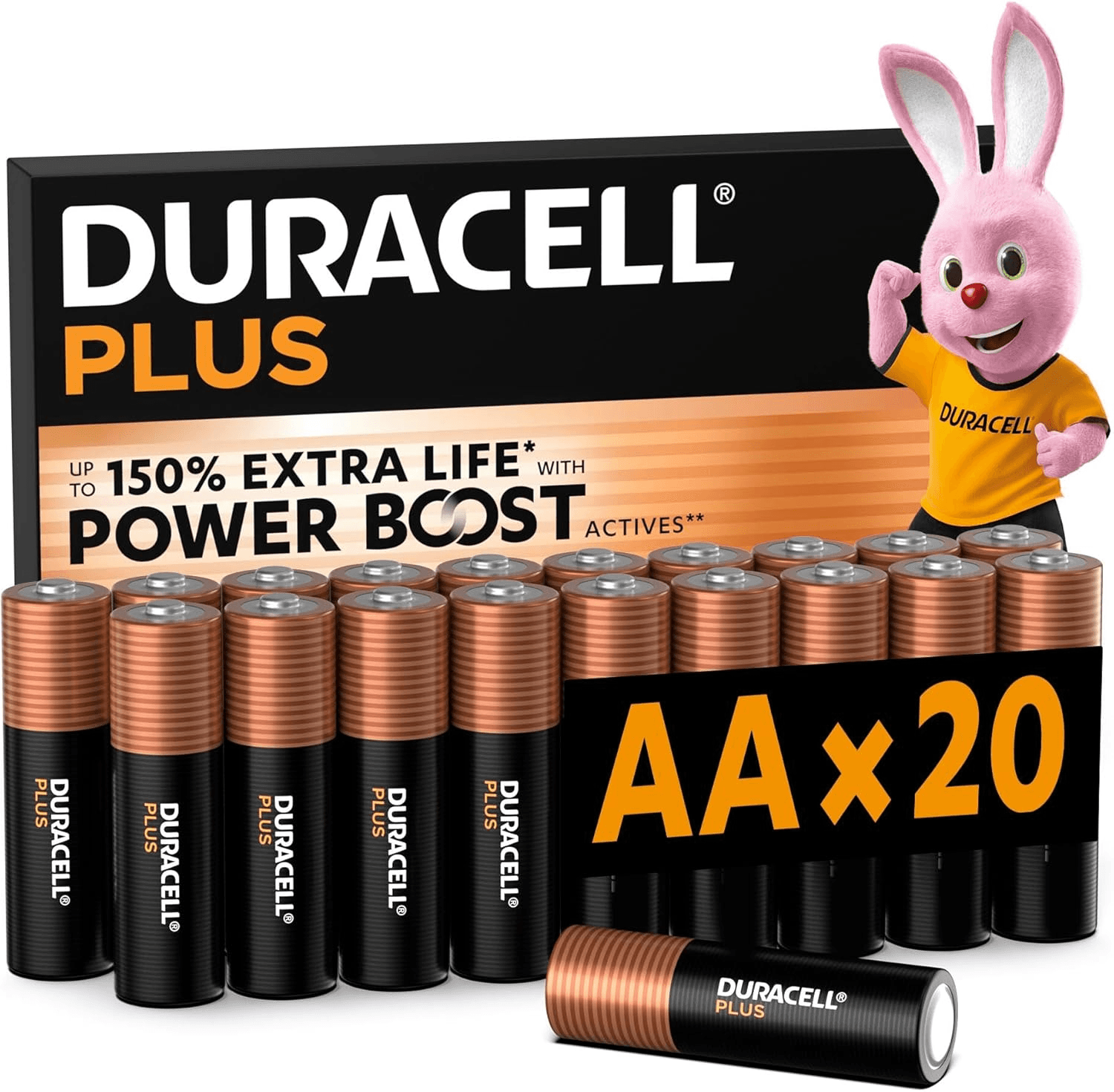 Duracell ▫️ Pilhas Plus AA (Embalagem de 20) - Pilhas alcalinas de 1,5 V - Até 150% de vida útil extra com POWER BOOST - Facilidade de utilização em aparelhos do dia a dia - Embalagem com 0% de plástico - MN1500