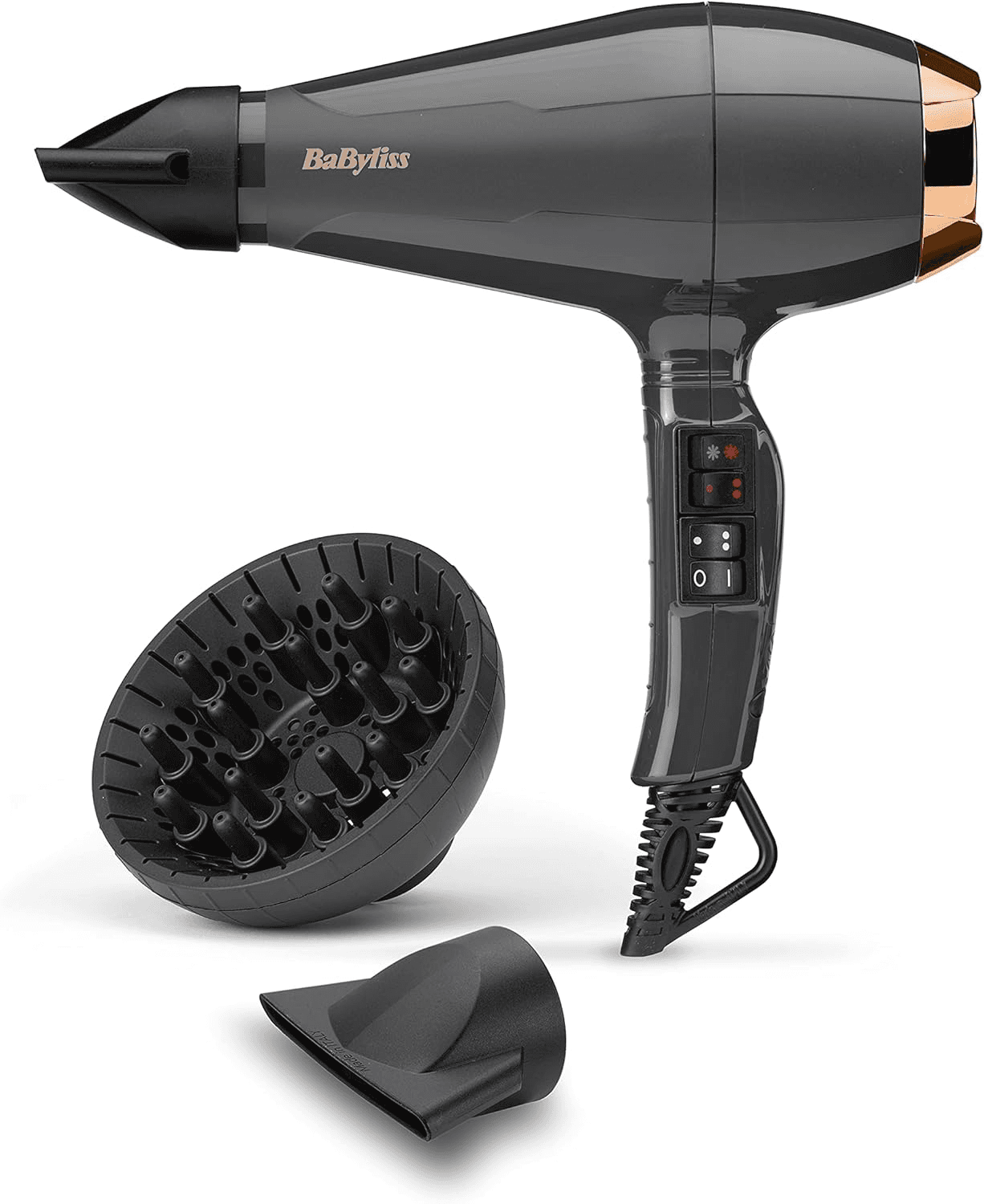 BaByliss ▫️ Italian Air Pro Secador de Cabelo com Difusor - Motor AC Profissional, Alta Potência 2200 W, Tecnologia Iónica Anti-Frizz, 2 Temperaturas e 2 Velocidades, Fabricado em Itália, Preto, 6719DE