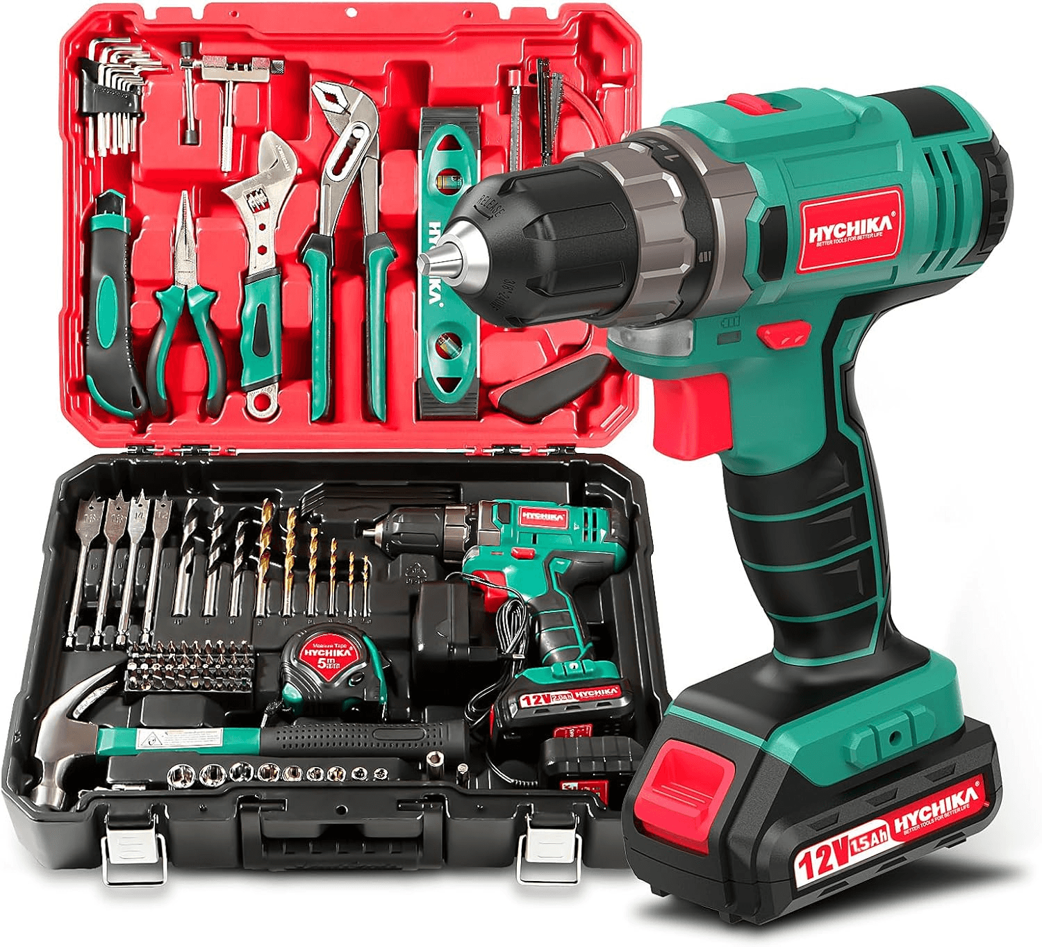 HYCHIKA BETTER TOOLS FOR BETTER LIFE ▫️ Berbequim de 12V, HYCHIKA 104pcs Bateria de berbequim Kit de ferramentas DIY, aparafusadora eléctrica de 1,5Ah, binário máximo de 30N.m, carregamento rápido de 1 hora, caixa de ferramentas completa