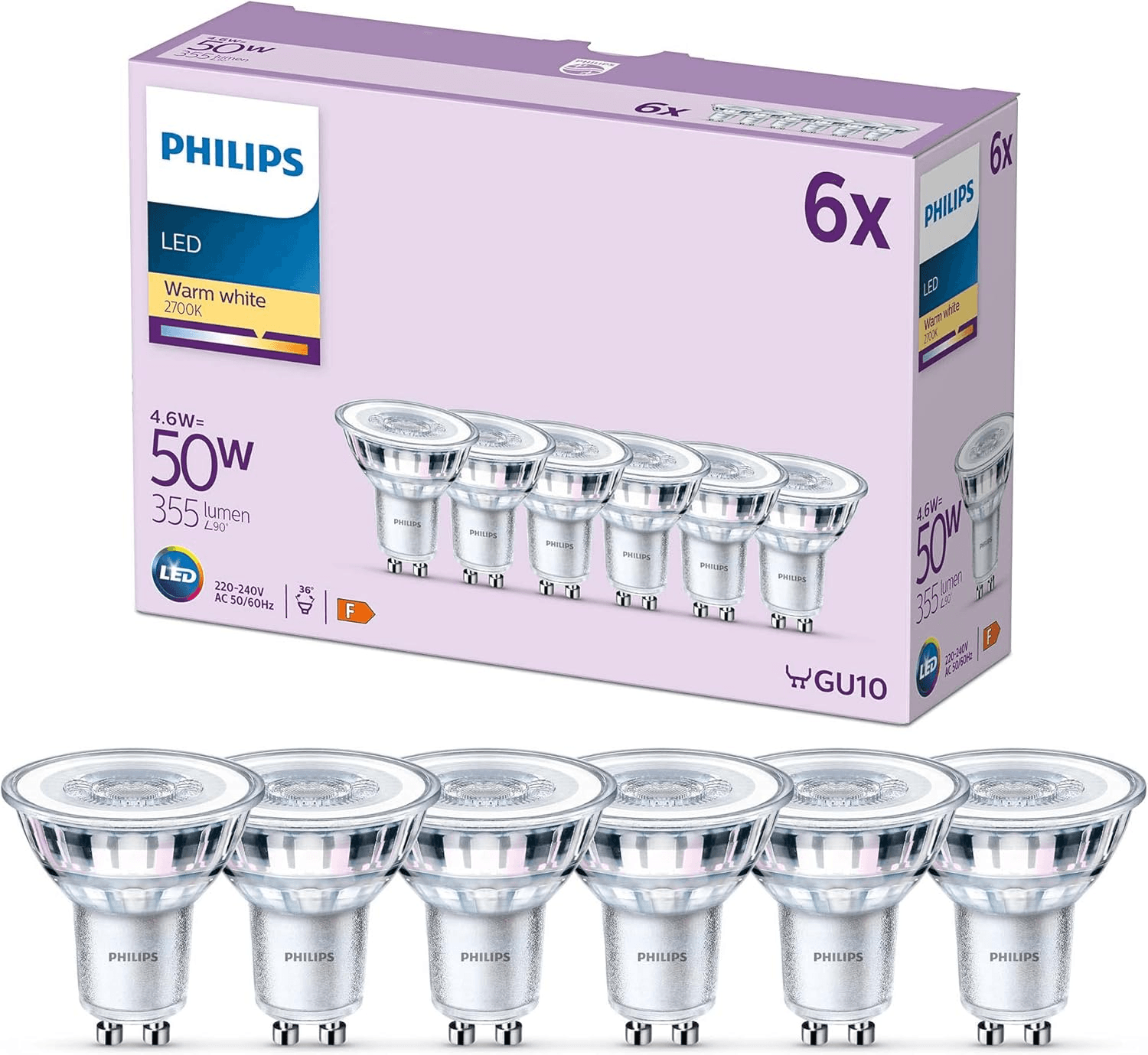 Philips ▫️ Lâmpada de incandescência 4.6W (Eq. 50W) 355 lúmens, casquilho GU10, luz branca quente (2700k) - 6 unidades (embalagem de 1)