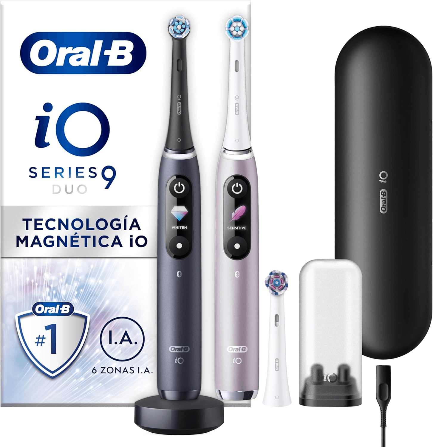 Oral-B ▫️ iO 9 Pack de 2 escovas de dentes eléctricas Preto e Rosa, com 3 cabeças de escova e 1 estojo de carregamento para viagem, 7 modos de limpeza, sensor de pressão, carregamento rápido, concebido pela Braun