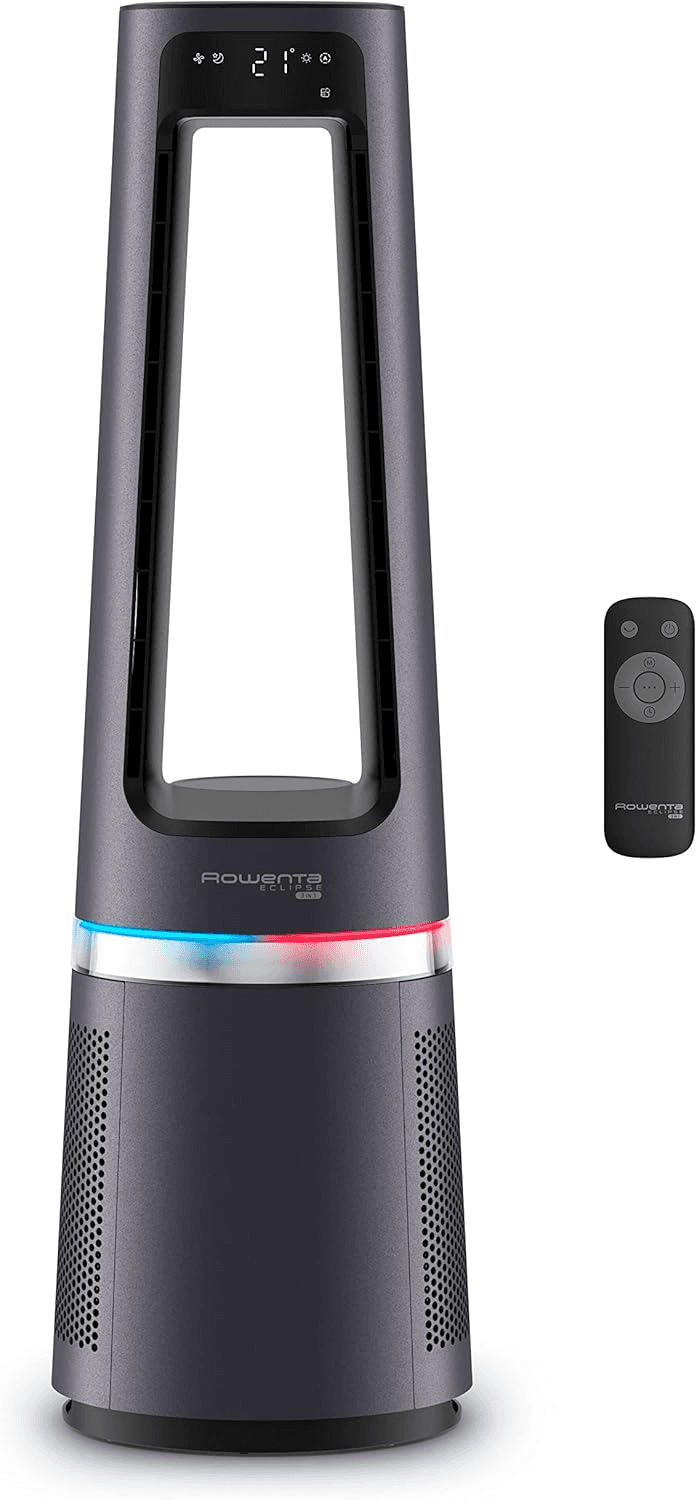 Rowenta ▫️ Eclipse 3 em 1, ventilador, purificador e aquecedor de 2100 W, filtra até 99,95% de partículas, silencioso, oscilação, luz decorativa, arranque programável, prateado, QU5062