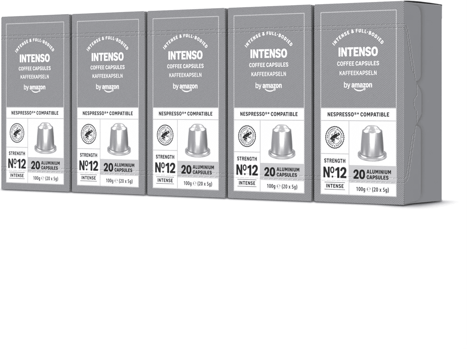 by Amazon ▫️ Cápsulas de café Intense, torrado escuro, compatível com Nespresso, 100 cápsulas, 5 embalagens de 20, Rainforest Alliance Certified