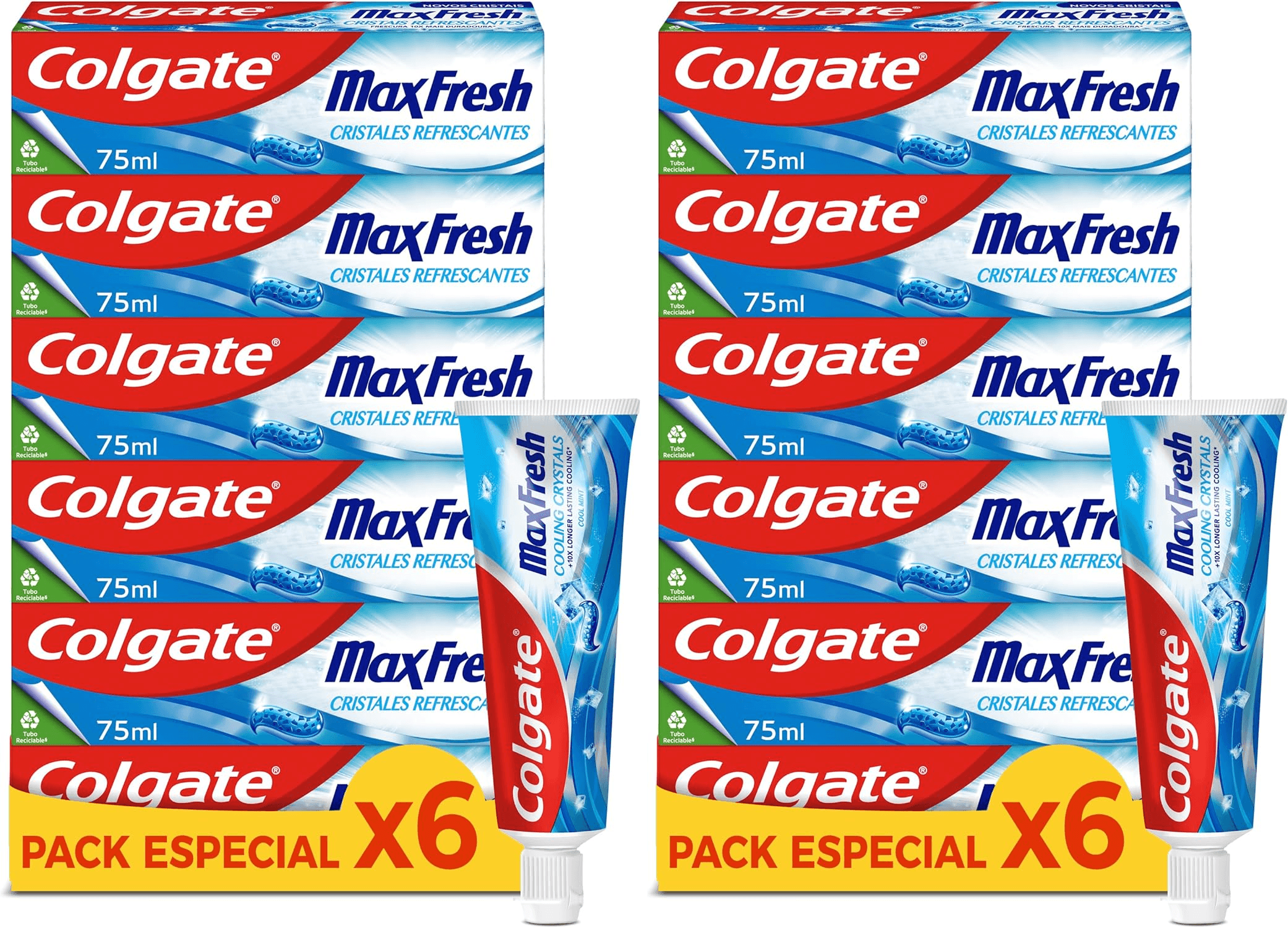 Colgate ▫️ Max Fresh Dentífrico com Flúor e Cristais Refrescantes, Embalagem 6 x 75ml, Tecnologia FX para uma Sensação de Frescura que Dura 10 Vezes Mais, Ajuda a Combater a Cárie Dentária, Max Fresh Dentífrico com Flúor e Cristais Refrescantes, Embalagem 6 x 75ml, Tecnologia FX para uma Sensação de