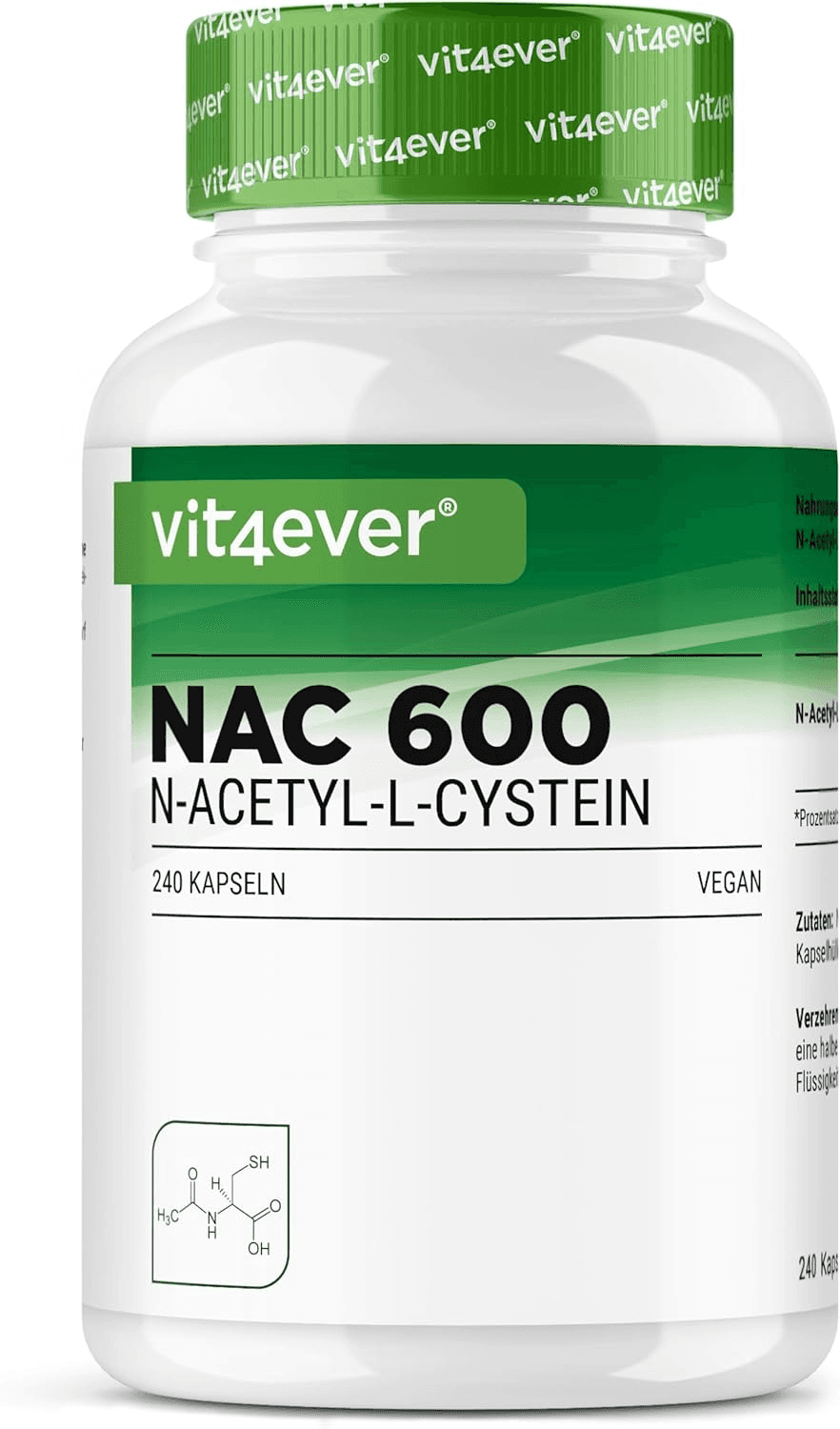 Vit4ever ▫️ NAC - N-Acetil L-Cisteína 240 cápsulas de 600 mg cada - 8 meses de fornecimento - Sem aditivos desnecessários - Vegan - Alta dosagem - Premium