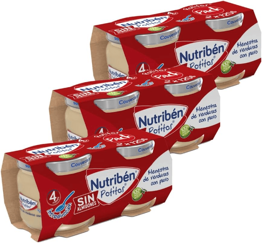 Nutribén ▫️ Potitos : Introdução Sopa de Legumes com Peru | Para Bebés a partir dos 4 Meses | Sem Amido | Sem Açúcares Adicionados | Sem Glúten | 3 Embalagens de 2 Unidades de 120g | 720g