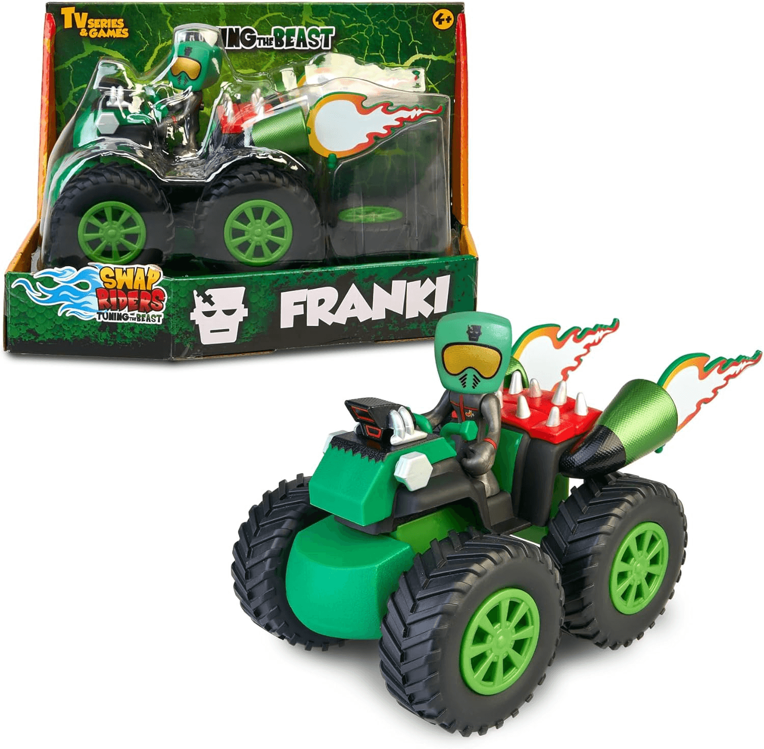 Swap Riders ▫️ Quad Franki, veículo de brinquedo com design Frankenstein, com 1 figura de cavaleiro, mais de 12 peças intercambiáveis, para meninos e meninas a partir dos 4 anos, Famosa (WAP01300)