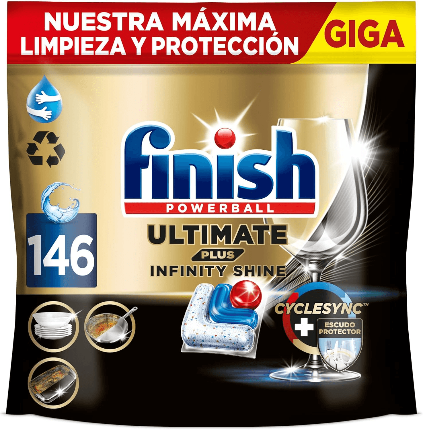 Finish ▫️ Ultimate Plus Infinity Shine, pastilhas para máquina de lavar loiça, limpeza e brilho intensivos e proteção dos vidros, 146 pastilhas