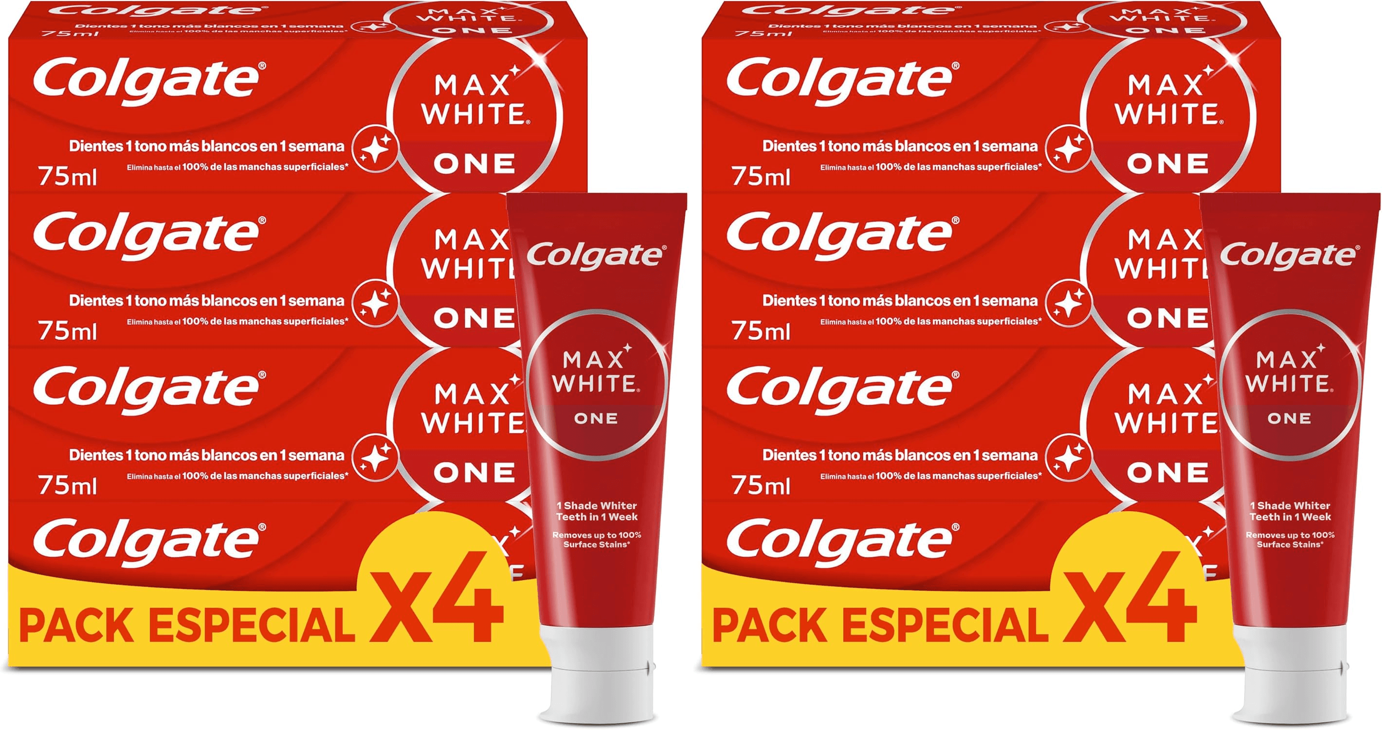 Colgate ▫️ Max White One Pasta de dentes branqueadora, Embalagem 4 x 75ml, Pasta de dentes branqueadora, Branqueia os dentes 1 tom mais branco em 1 semana, Remove manchas superficiais