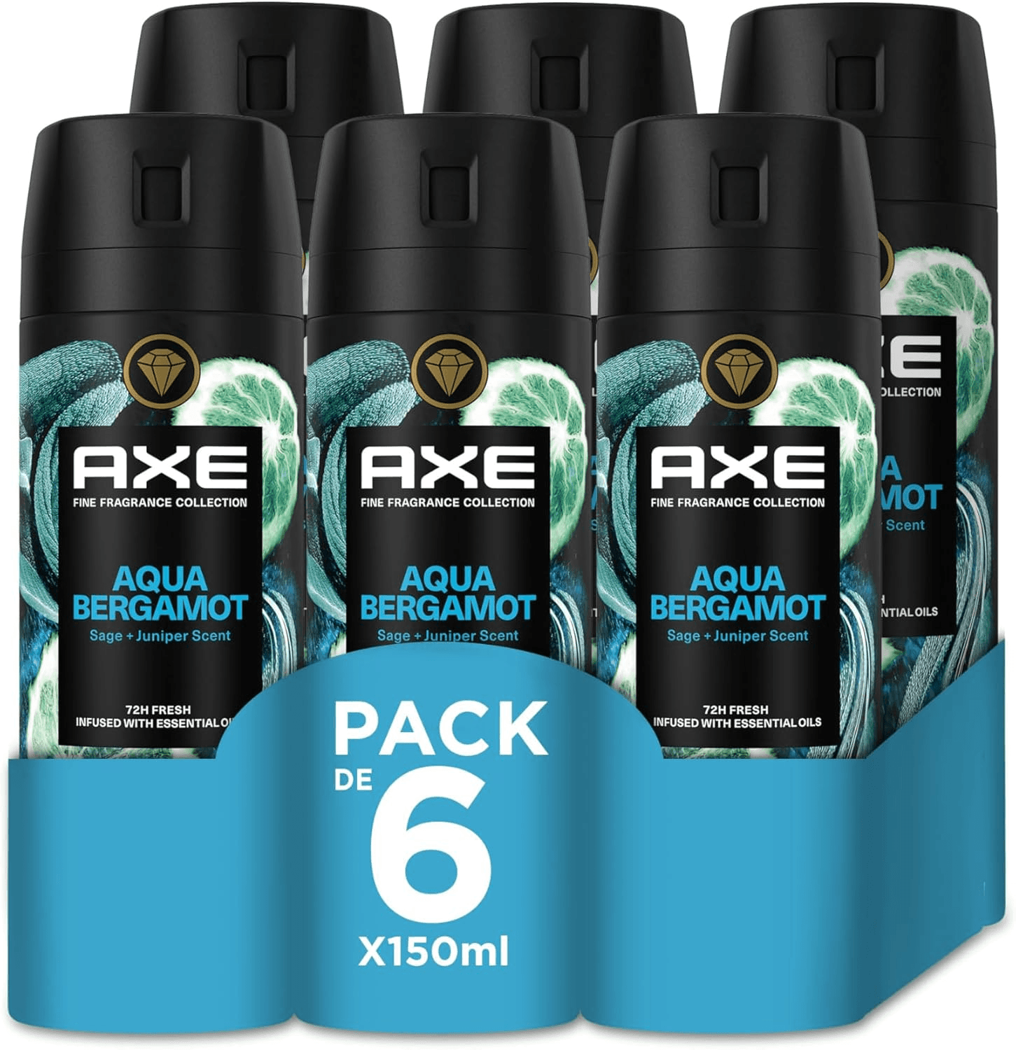 AXE ▫️ Savings Pack Desodorizante Aerossol Masculino Aqua Bergamot Fragrância Premium, 6 x 150 ml