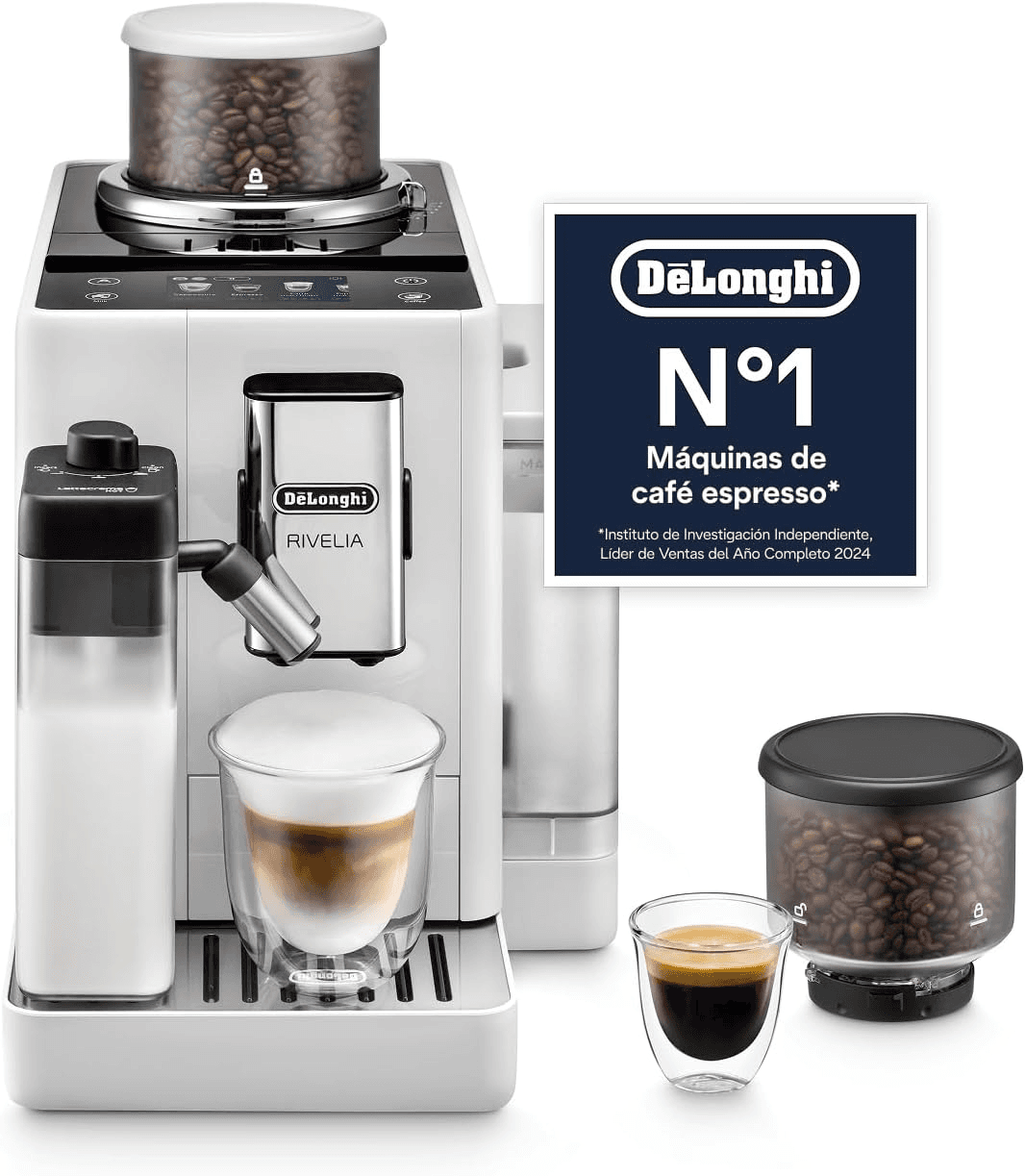 De'Longhi ▫️ Rivelia - Cafeteira superautomática, jarro de leite automático LatteCrema, 16 bebidas com um só toque, ecrã tátil, depósitos de grãos intercambiáveis, branco (EXAM440.55.W)