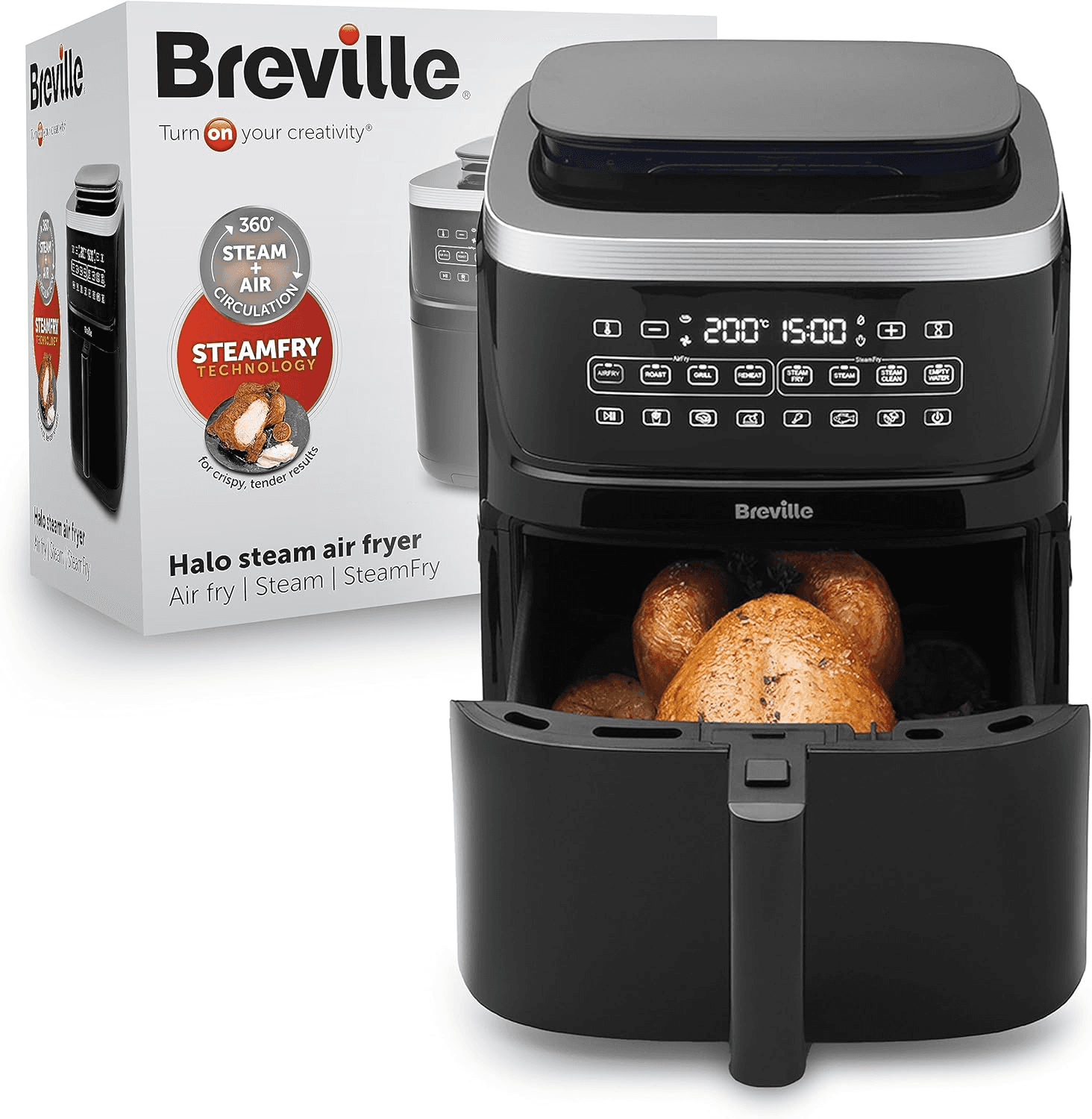 Breville ▫️ Fritadeira Air Fryer com função de vapor : Fritadeira digital de 7L com tecnologia SteamFry : 50% mais eficiente em termos energéticos : 1700W : Preto [VDF133X] : Ficha UE