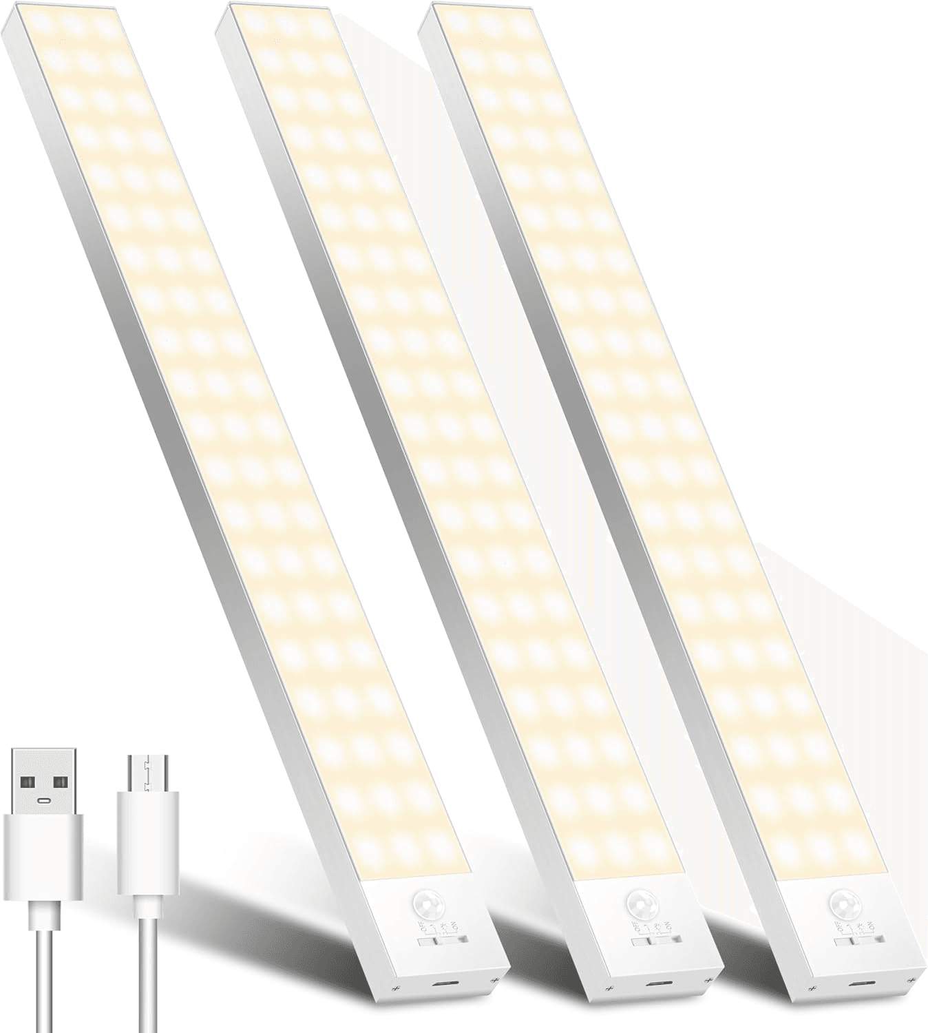 OUILA ▫️ Luz LED para Armário com Sensor de Movimento 3000K 60 LEDs 4 Modos Luz LED Adesiva Magnética 1500mAh USB Recarregável Luz Nocturna para Cozinha, Armário, Escadas, Corredor, Garagem - 3 Pacotes