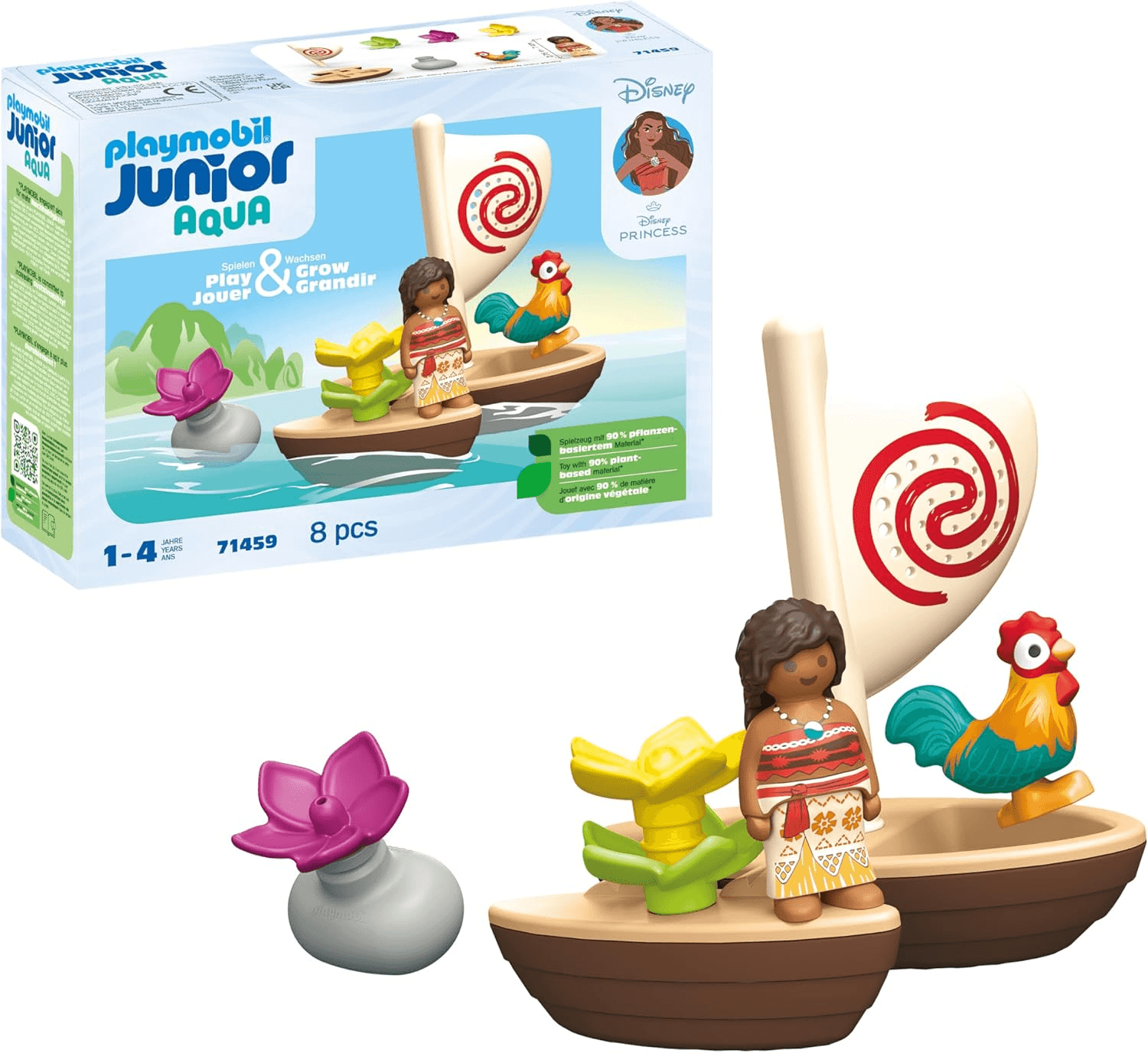 PLAYMOBIL ▫️ Junior & Disney 71459 Catamarã da Vaiana, com flores flutuantes e um galo, brinquedo sustentável feito de plástico à base de plantas, brinquedos para meninos e meninas a partir de 1 ano de idade