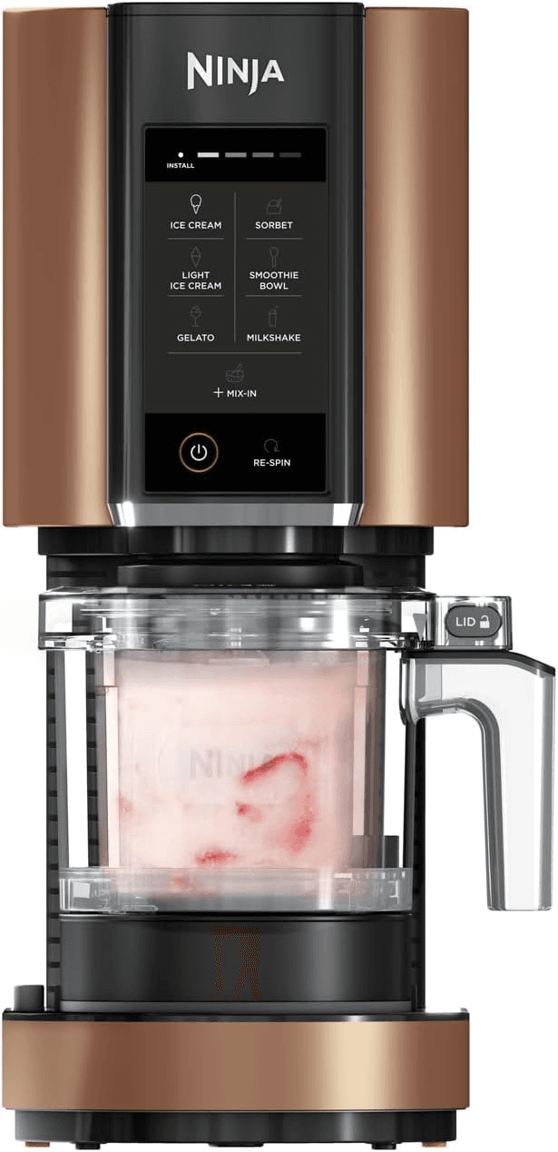 Ninja ▫️ Máquina de gelados multifunções CREAMi, capacidade de 1,4 l, 3 recipientes, 7 programas, gelado, gelato, sorvete, taça de batido, batido de leite e muito mais, preto/cobre, NC300EUCP