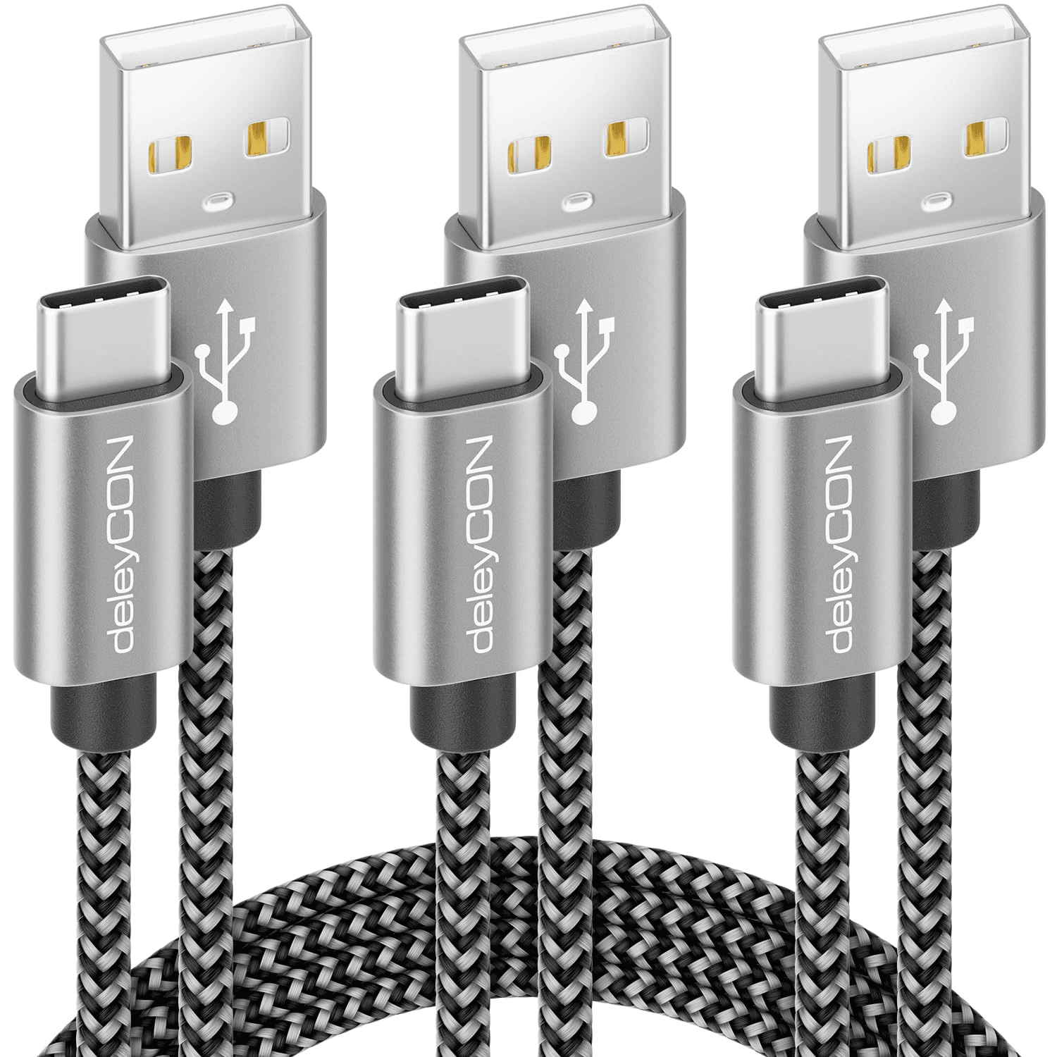 deleyCON ▫️ conjunto de cabos USB-C (3 unid., 0,5 m, 1 m, 2 m), nylon, cabo de dados USB tipo C, conetor metálico para carregar e sincronizar telemóveis e smartphones