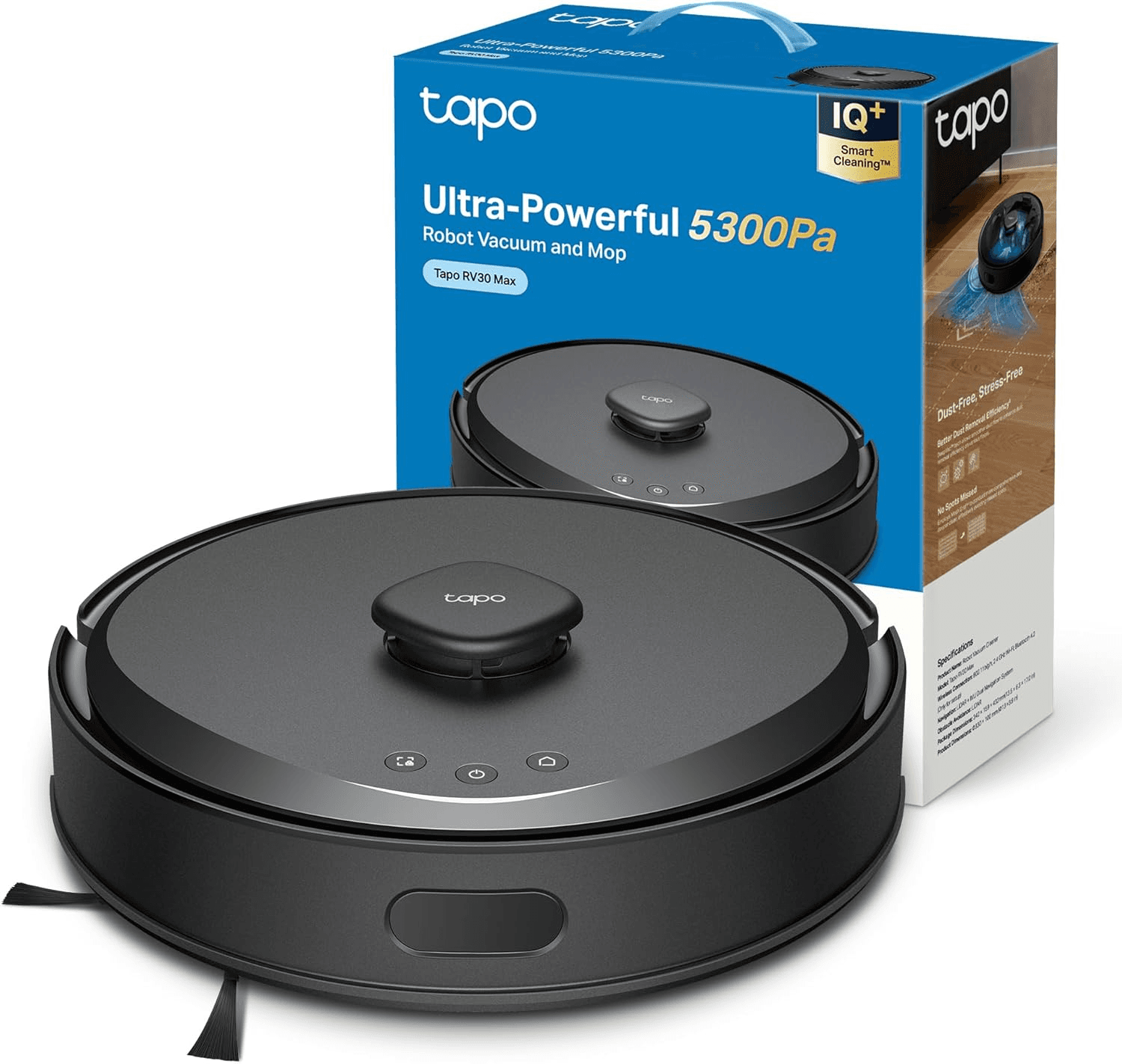 Tapo ▫️ RV30 MAX - Aspirador Robot com 5300Pa, Navegação Dual LiDAR+IMU, 97%+ Taxa de Recolha de Pó, Limpeza Inteligente IQ+, Mapeamento 3D, Controlo por Voz e App, sem Base de Esvaziamento Automático, Preto