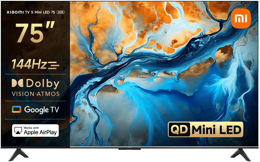 XIAOMI ▫️ TV S Mini 75", design sem margens, Google TV, QD-Mini LED, brilho máximo de 1200 nits, taxa de atualização elevada de 144 H 4K, ultra-suave para jogos, Dolby Vision IQ e Dolby Atmos, Google Assistant
