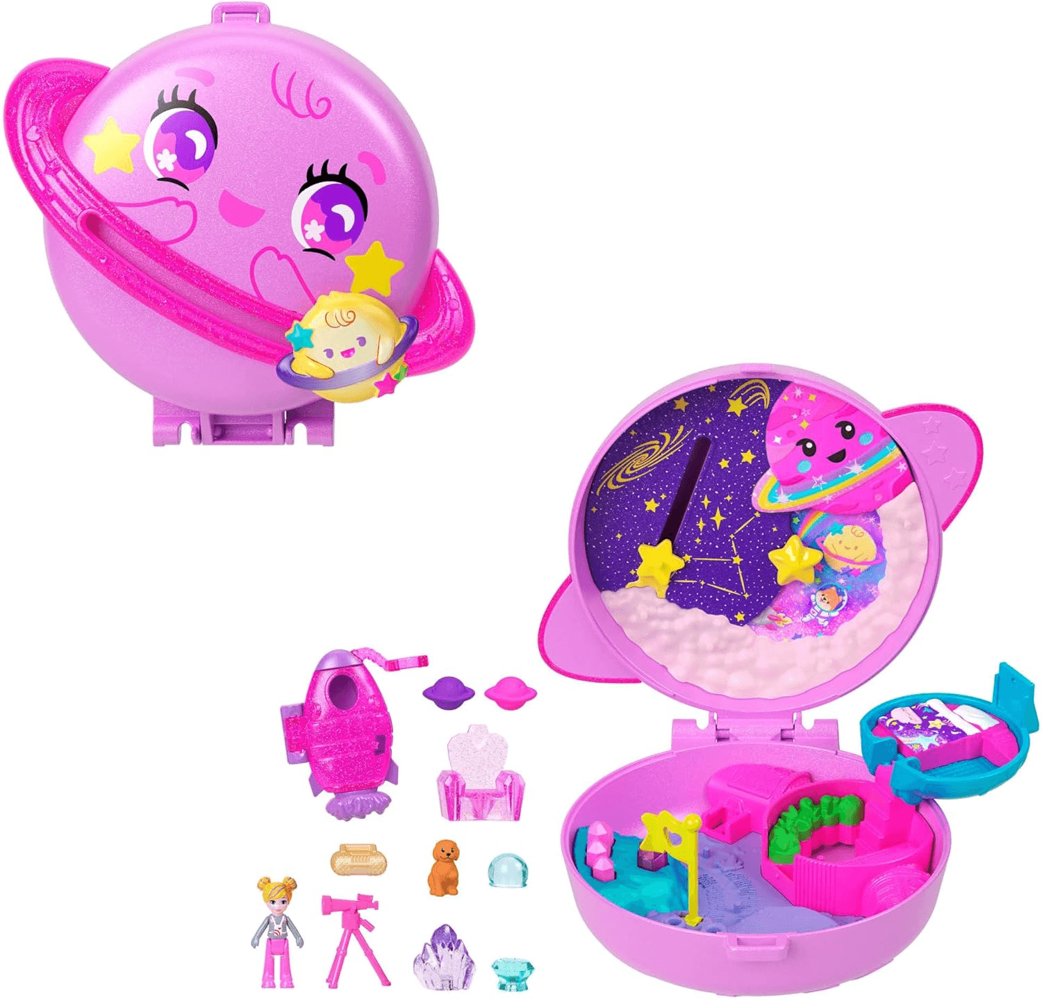 Polly Pocket ▫️ Case Planet Polly no espaço exterior Conjunto de jogos e boneca, brinquedo de viagem com uma boneca, um cachorrinho e acessórios temáticos, JCB18