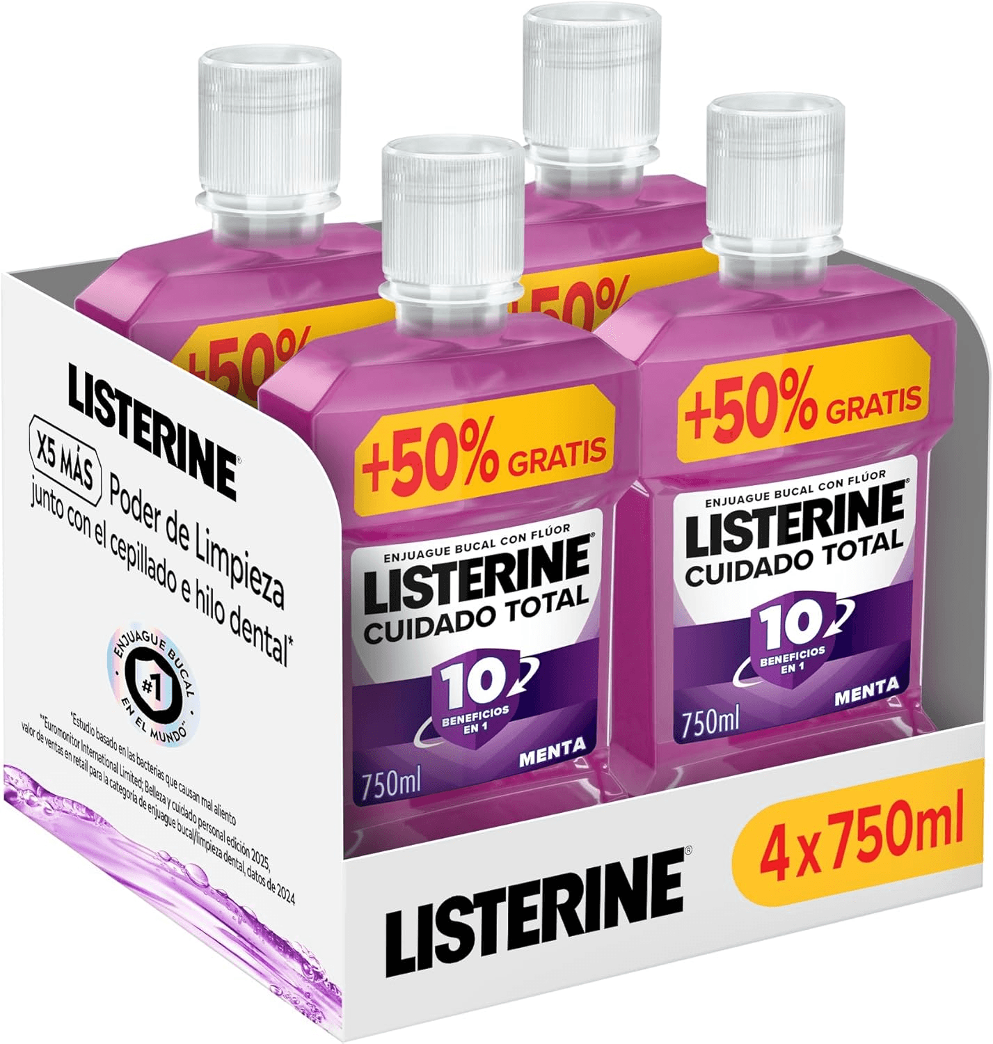 Listerine ▫️ Total Care (4x750 ml), colutório, colutório gengival com 10 benefícios em 1, elixir bucal com 12 horas de proteção, para dentes brancos.