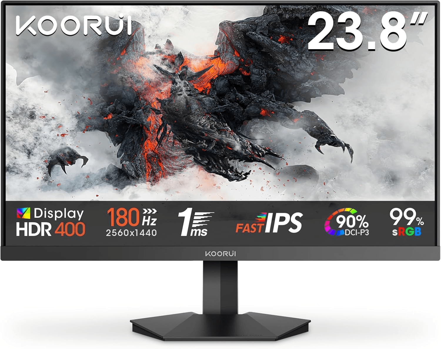 KOORUI ▫️ Monitor para jogos G2421V QHD 24 polegadas, IPS rápido, 180 Hz, GTG 1 ms, 2560 x 1440, sincronização adaptável, 2xHDMI 2.0, DP 1.4, HDR400, 90% DCI-P3, proteção ocular, inclinação, VESA 75 x 75 mm