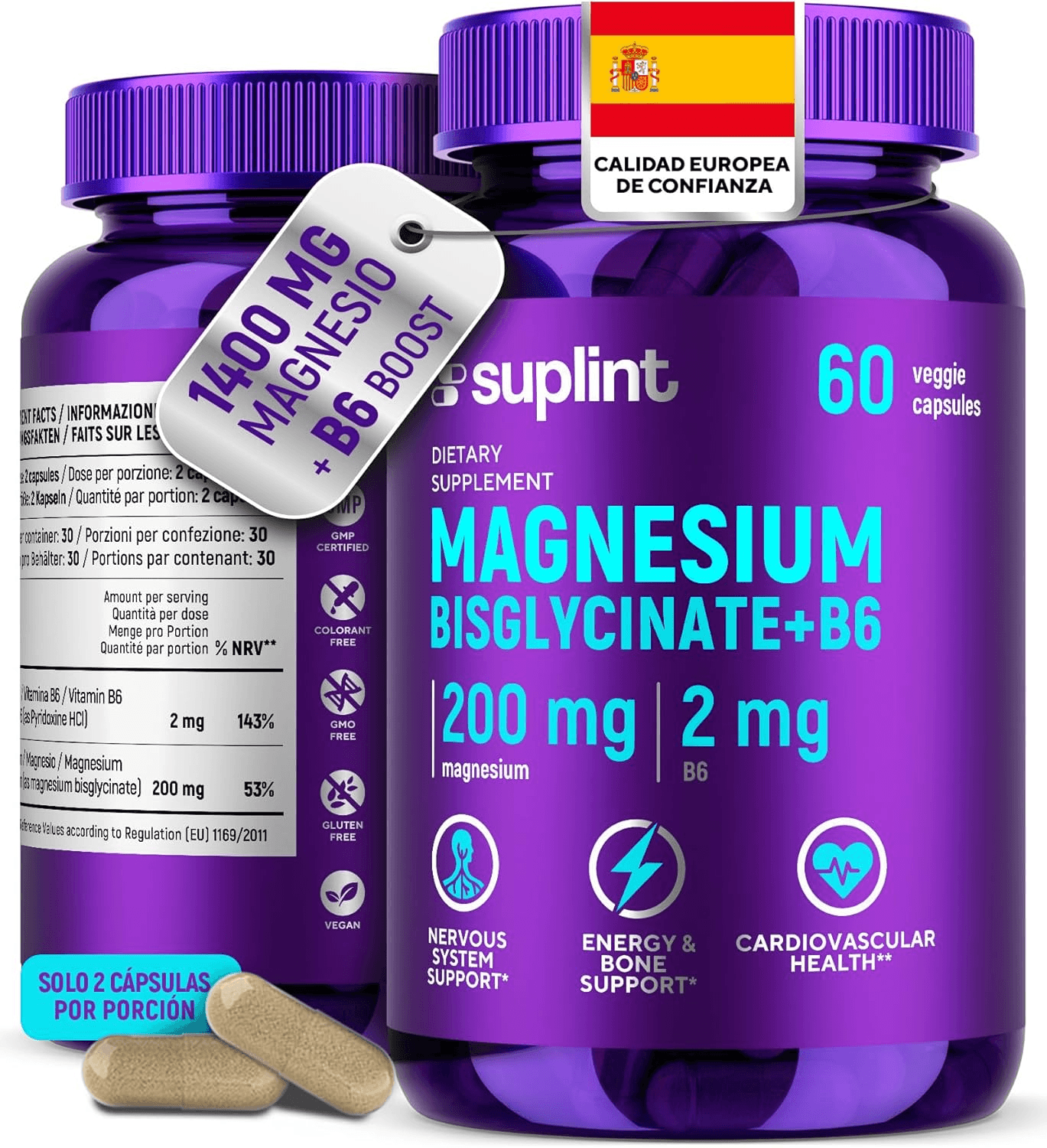 SUPLINT ▫️ Cápsulas de bisglicinato de magnésio 200 mg com vitamina B6 para uma absorção óptima - Dose elevada e testada em laboratório - Bisglicinato de magnésio - Vegan e sem aditivos - 60 cápsulas para 1 mês (1 embalagem)