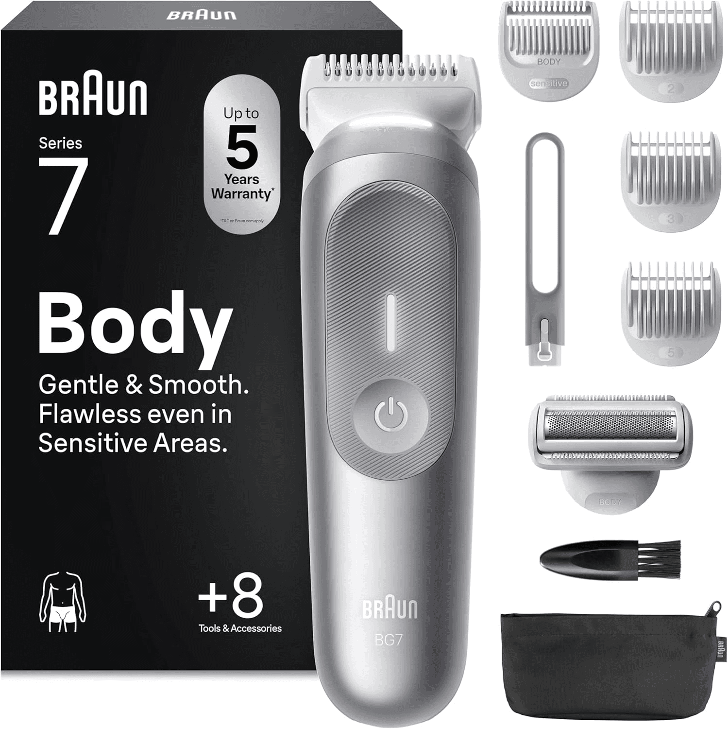 Braun ▫️ Body Groomer Series 7 BG7555, máquina de barbear corporal para homem com pele sensível, +8 acessórios de barbear, autonomia de 100 minutos, aparar e barbear, à prova de água, cinzento