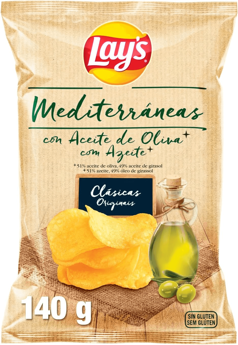 Lay's ▫️ Mediterraneas, Batatas fritas de pacote com azeite, Snack Produto, embalagem individual, 140g