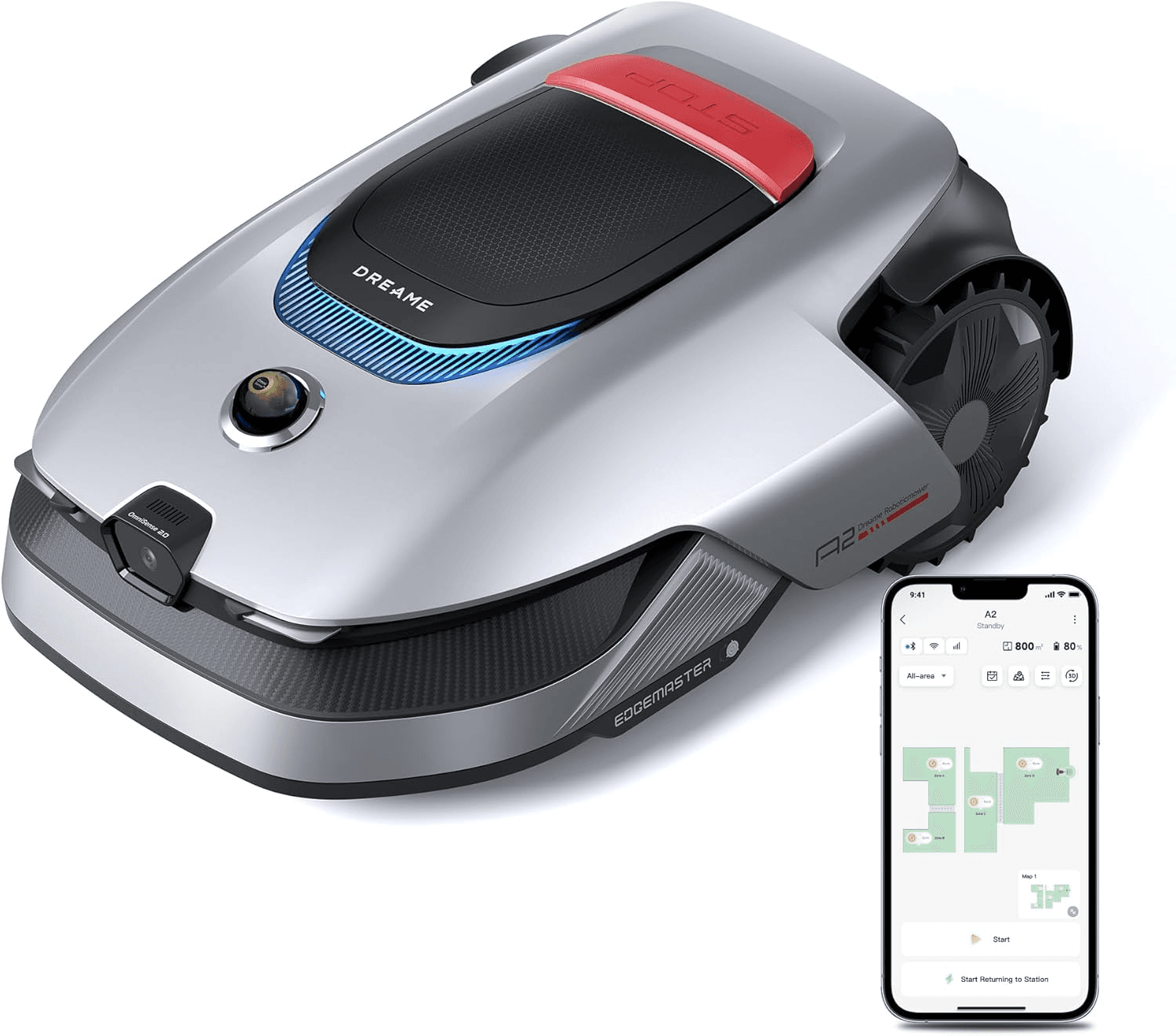 DREAME ▫️ Cortador de relva robótico sem fios A2 3000 com sensor de perímetro, LiDAR 3D de 360° com câmara AI, mapeamento de relvado de fusão dupla para relvados até 3000 m², deteção de obstáculos, EdgeMaster