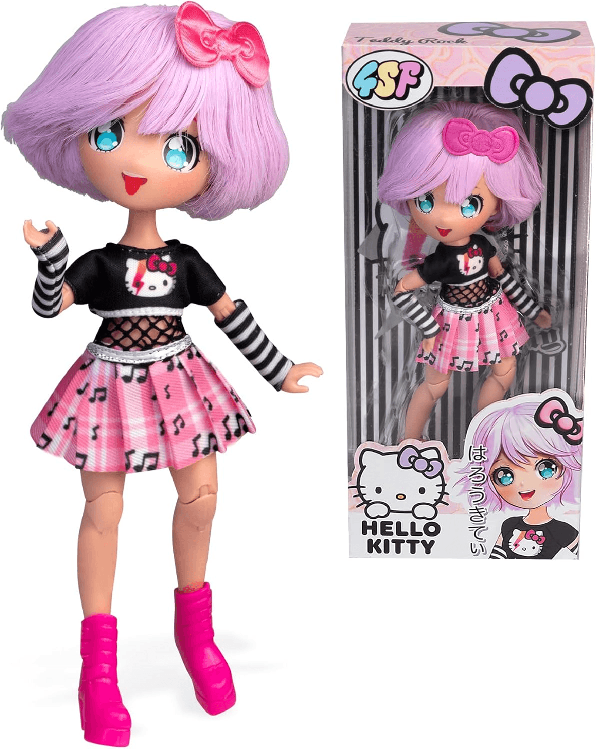 Hello Kitty ▫️ 4SF - Manga Doll Teddy Rock, Boneca Japonesa com Looks Manga, 19,5 cm com 15 Pontos de Articulação, Cabelo Roxo, Acessórios Incluídos, Famosa (HKTF0100)