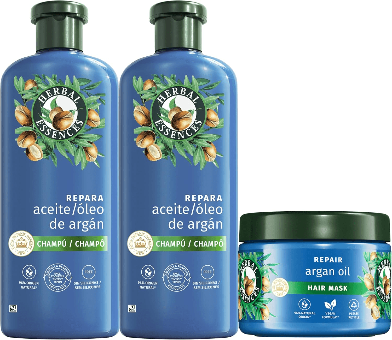 Herbal Essences ▫️ Champô 2x350ml + Máscara 500ml, para cabelos danificados. Hidratação intensa para um cabelo mais macio e sedoso. De origem natural. Vegan e não testado em animais