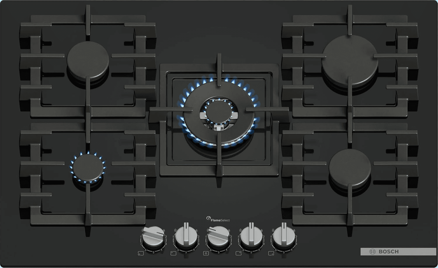 Bosch ▫️ Placa de fogão a gás, Série 6, 75 cm de largura, 5 zonas de cozedura, FlameSelect, GasStop, preto, PPQ7A6I40