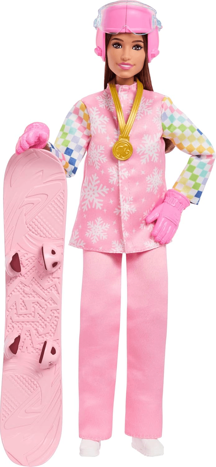 Barbie ▫️ Boneca Profissões Snowboarder com casaco, calças e botas cor-de-rosa com mais de 10 acessórios, incluindo uma prancha que muda de cor, JKF78
