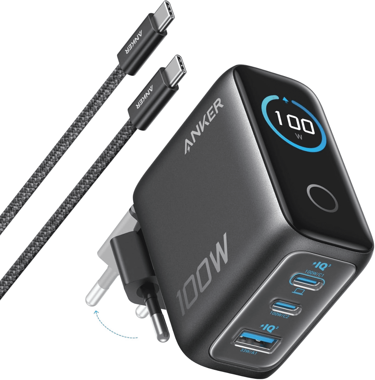 Anker ▫️ Carregador USB C 100 W, carregador de parede GAN compacto de 3 portas, ecrã inteligente, controlo tátil, compatível com MacBook, iPad, iPhone 17/16/15 Series