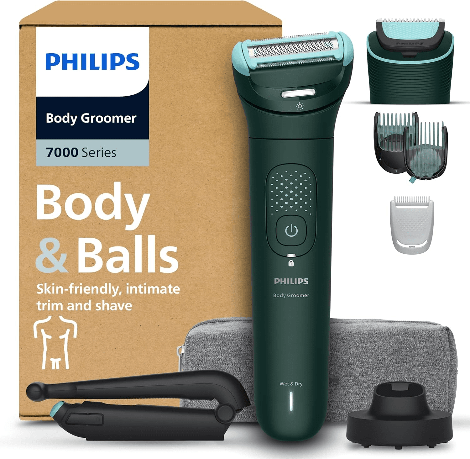 Philips ▫️ Body Epilator 7000 Series - Depiladora para homem, cabeça de proteção tripla 2D, apara e barbeia a zona íntima e as costas, barbeação suave e rente, 100% à prova de chuveiro, autonomia de 120 min, BG7485/30