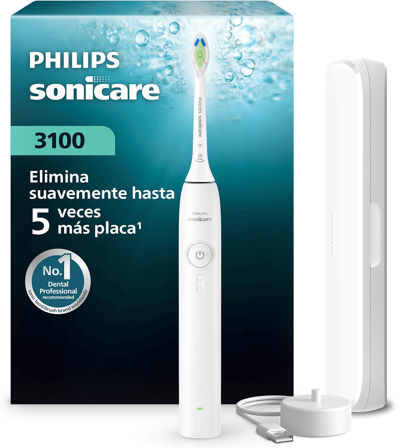 Philips ▫️ Sonicare Série 3000 - Escova de dentes sónica - Escova de dentes sónica com sensor de pressão, 3 níveis de intensidade, função EasyStart, SmarTimer, bateria com duração de 14 dias, estojo, branco, HX4033/21, [Novo].