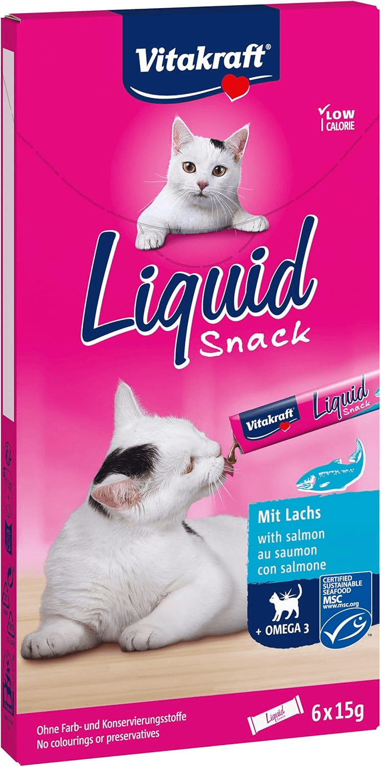 Vitakraft ▫️ Liquid Snack, Snack cremoso para gatos, com salmão e ácidos gordos Omega 3, em saquetas individuais, para uma pele saudável (1 Embalagem de 6X 15g)