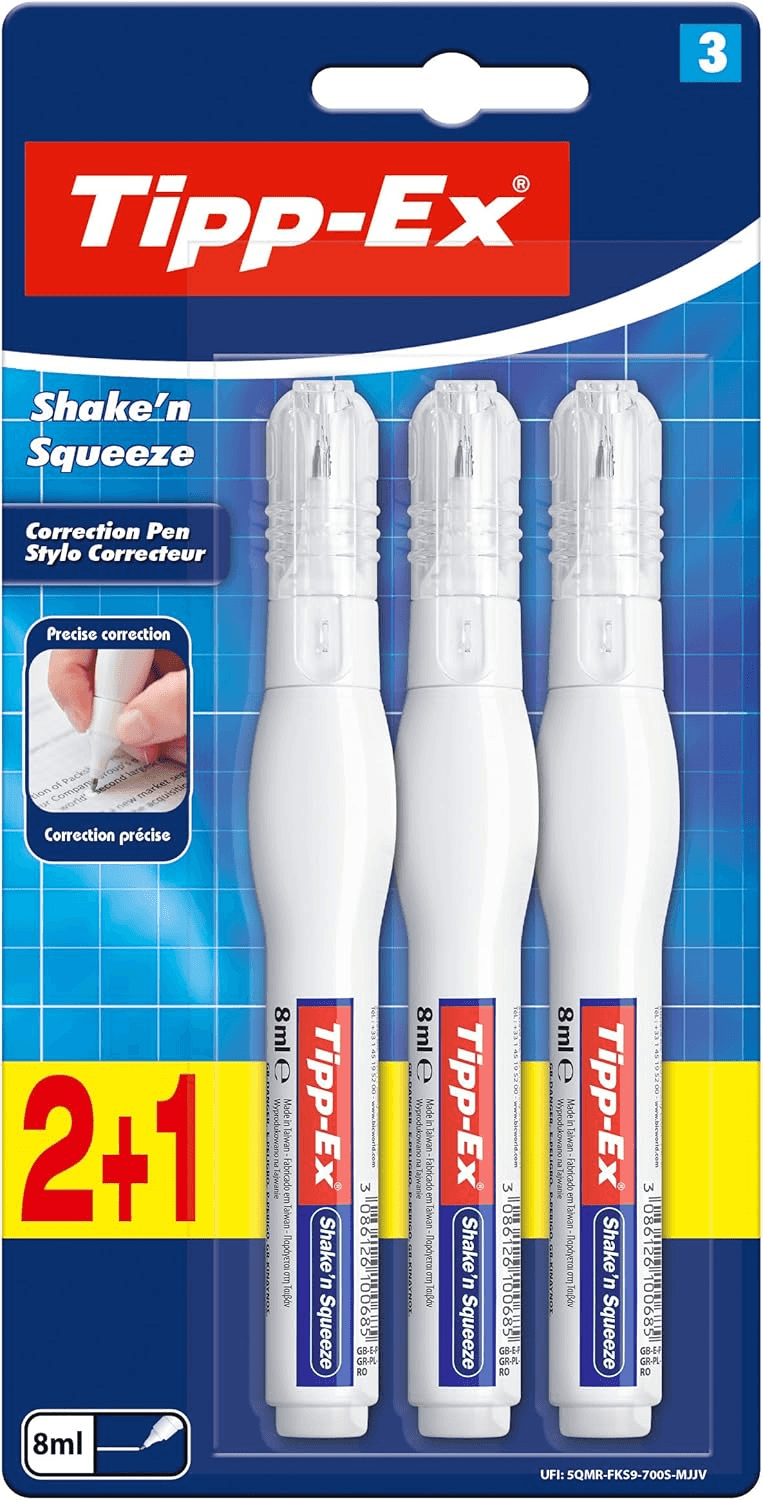 BIC ▫️ Tipp-Ex Shake'n Squeeze Liquid Concealer, fórmula de secagem rápida, lápis corretor, ideal para profissionais, blister de 3, 8 ml, multicolor