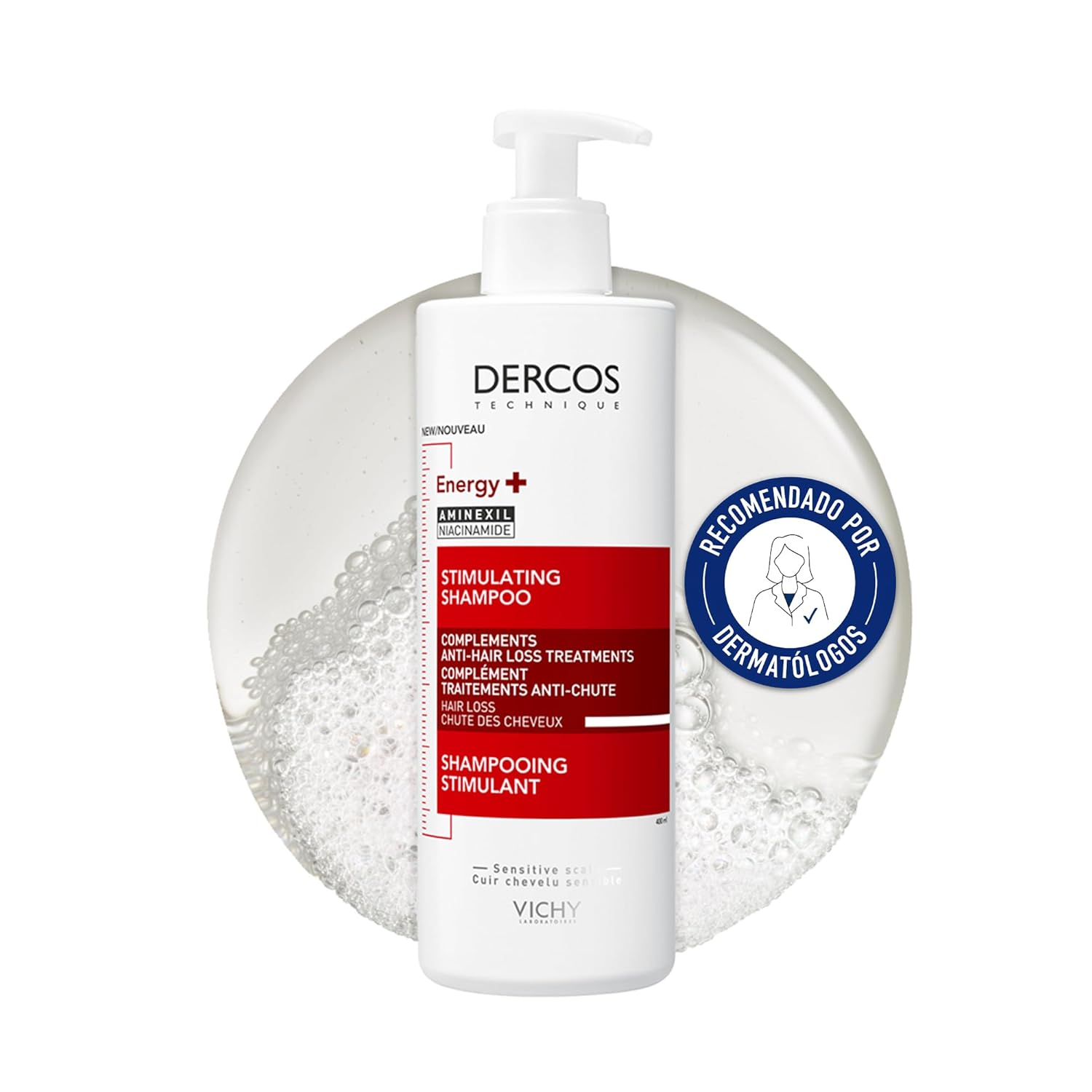 Vichy Champô Anti-Queda, Efeito Estimulante, Indicado para Todos os Tipos de Cabelo, Couro Cabeludo Saudável e Desintoxicado, Com Aminexil, Energy+, Técnica Dercos