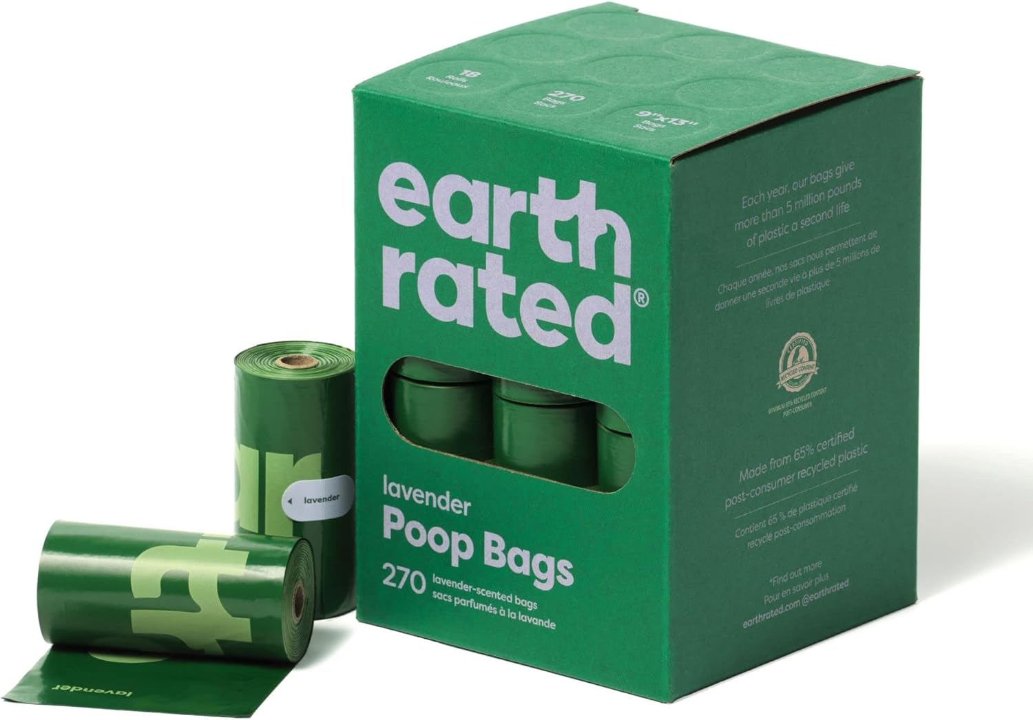 Earth Rated ▫️ Sacos para fezes de cães à prova de fugas e extra grossos, adequados para cães de qualquer tamanho, rolos de recarga, aroma de lavanda, 270 unidades.